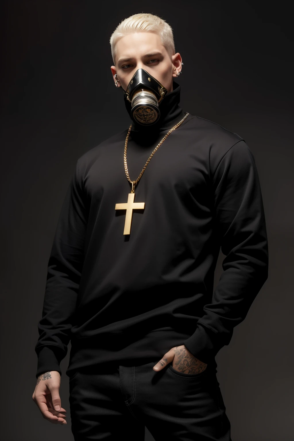 Eminem, his signature long, messy hair framing his face, his piercing, intense eyes peering through the gothic-inspired gas mask that covers the lower half of his face. The mask, adorned with intricate designs and a skull motif, is a striking contrast to his pale skin, accentuating the dark circles under his eyes. He wears a black long-sleeved shirt, buttoned all the way up to his neck, revealing a silver chain adorned with a cross pendant hanging prominently. His pants are tight-fitting, black denim jeans, and he sports white sneakers with black laces. The background is a deep shade of red, almost like blood, with a dark, ominous atmosphere, adding to the gothic feel of the portrait. Overall, the image portrays Eminem as both intimidating and melancholic, his gothic gas mask serving as a symbol of his complex identity and the struggles he's faced throughout his career.