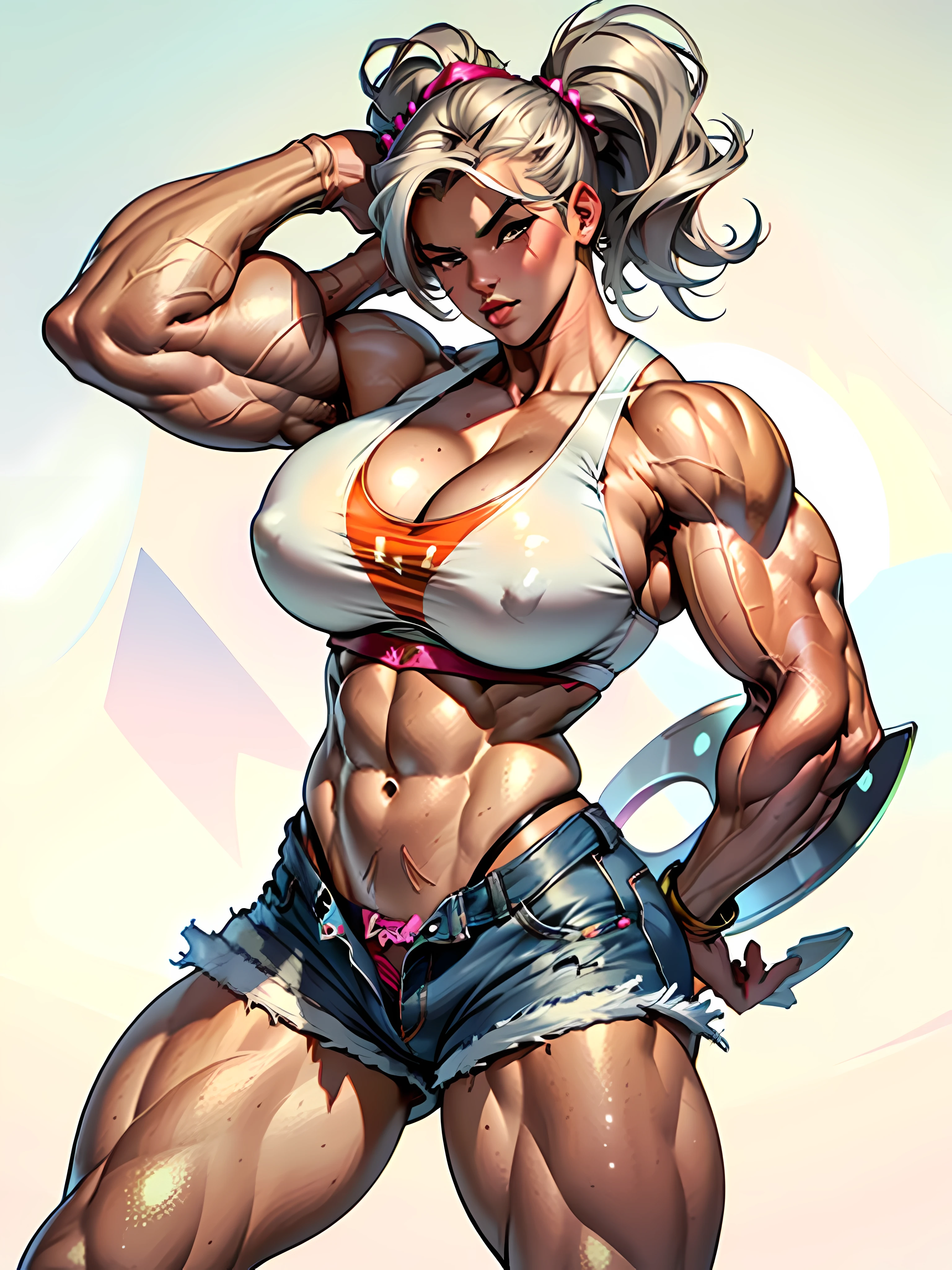 (high quality, best rendering), (beautiful girl), gray hair(bombshell, pin-up style), psychopath, crazy face, y pose, jean short shorts, tank top, pastel, centered, scale to fit dimensions, micro thong, micro bikini, cam(((huge breasts)))),builder)), ((((huge muscles))))