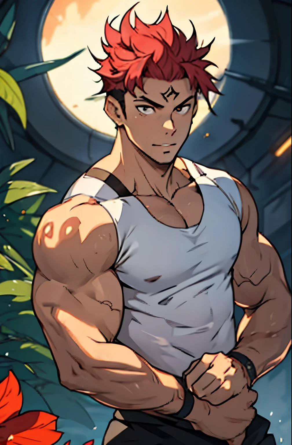 A mais alta qualidade, 8K, image high resolution, Detailed strokes, apoiado dentro da academia , suado, adolecente, Yuji Itadori, Red Hair , wearing a tank top , masculo, chest a little tight in the shirt , (angulo de baixo), ( Close no rosto), peitorais definidos, defined arms, abdomen definido, perna definida, com a camisa,