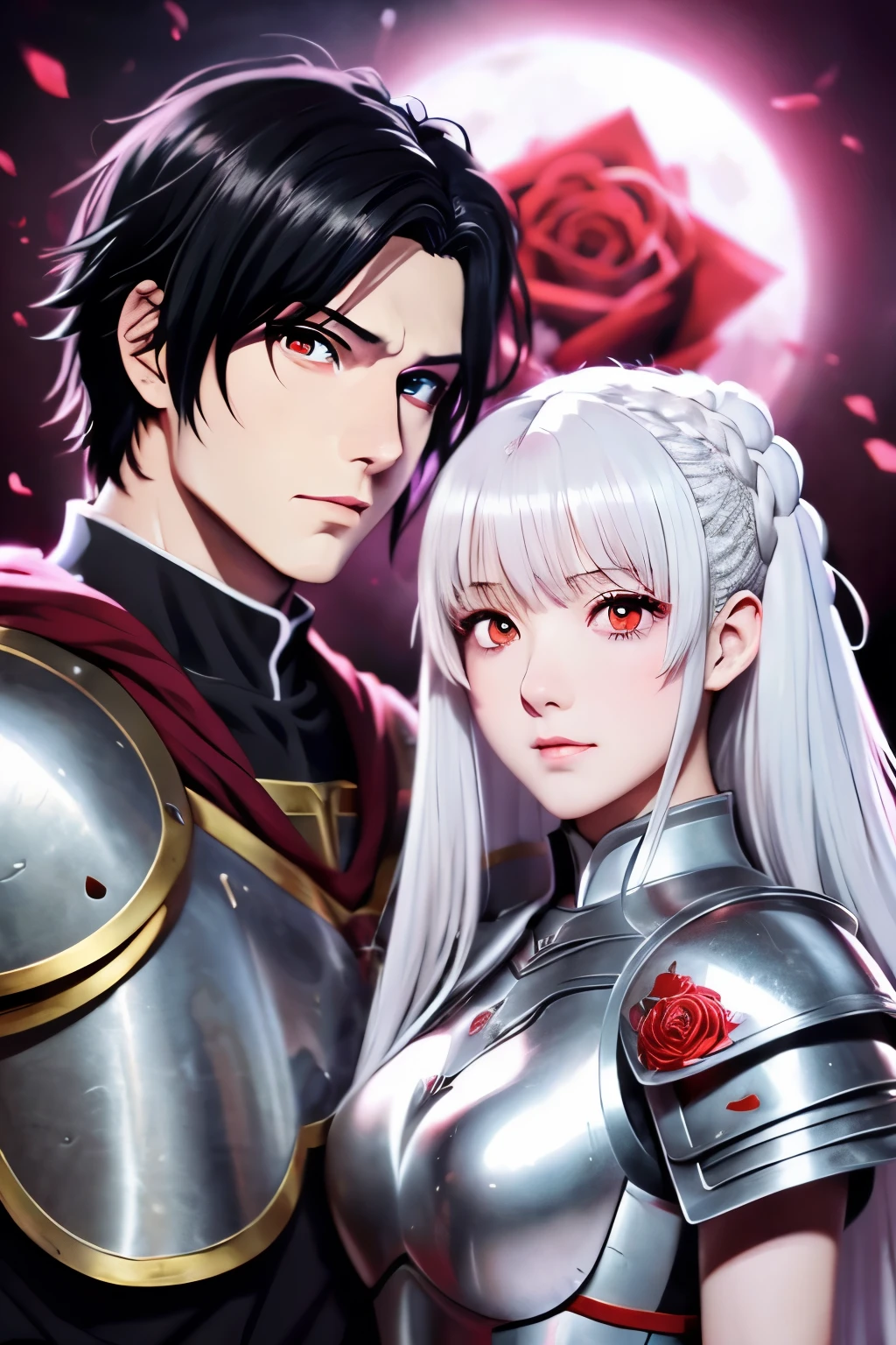 Anime couple, , faces, Human, (1 male: black hair and red eyes), (1 female: white hair and rose pink eyes, s Armor, The sword, Has a small, medieval times