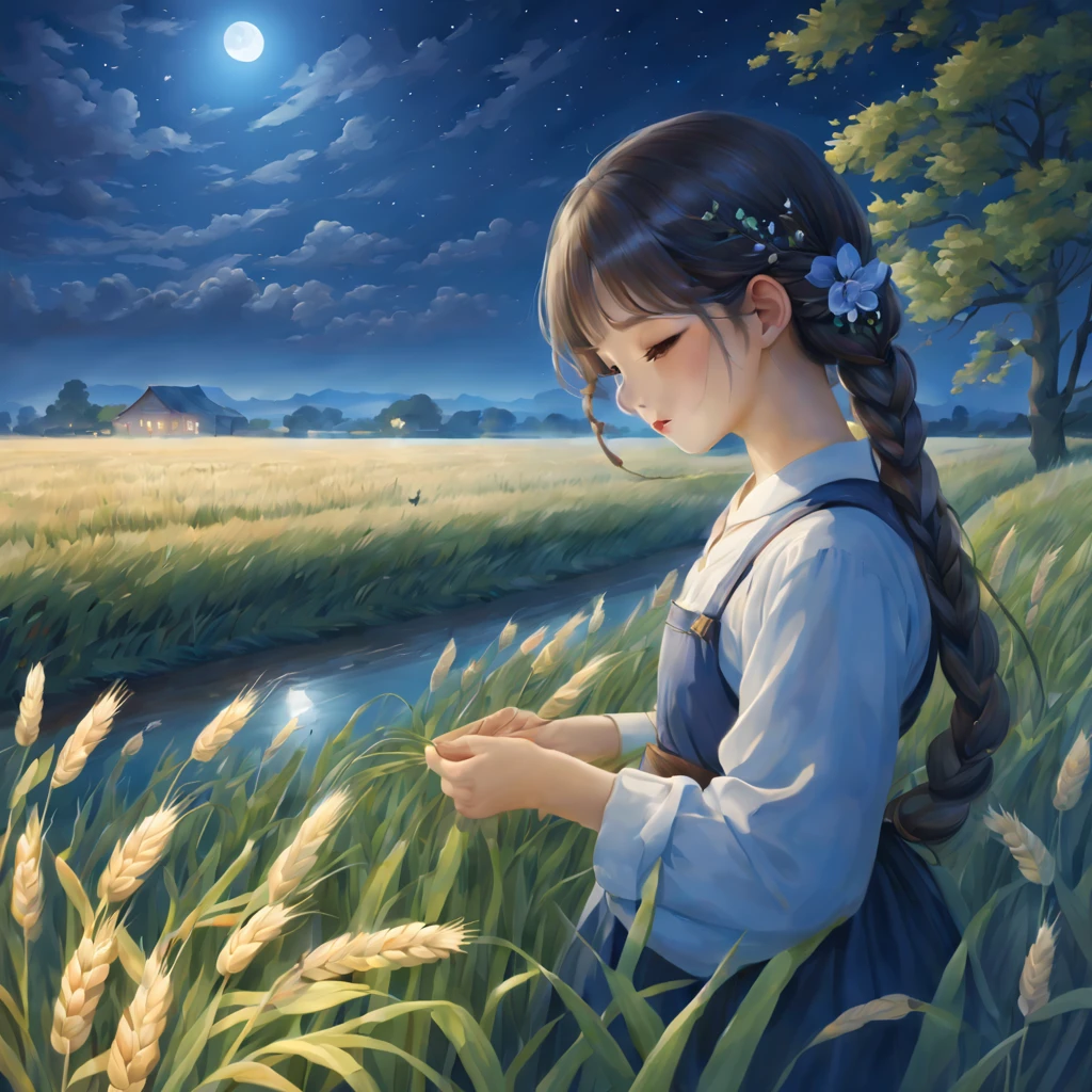 magnificent landscape painting,the night,Farm life,Girl with a flower in her hairm scene,naturey,green colorm house,Tano,cropper,flourishing,abundance,lavoura,Tools,Industrious farmer,abundance的水果和蔬菜,Farm animals eating grass with satisfaction,picturesque countryside,peacful,peacful,satisfy,satisfy,moonlit sky,grass swaying in the breeze,Stars twinkle overhead,Fireflies are flying around,Night wind whispers,peacful而田园的环境,Subtle blue-violet tones,Subtle warm colors,Ethereal and dreamy atmosphere,A faint floral scent,Farmland stretches into the distance,Wheat fields sway gently,night adventure,Magical and charming atmosphere。(best quality,4k,8k,highres,masterpiece:1.2),ultra-detailed,(realistic,photorealistic,photo-realistic:1.37),