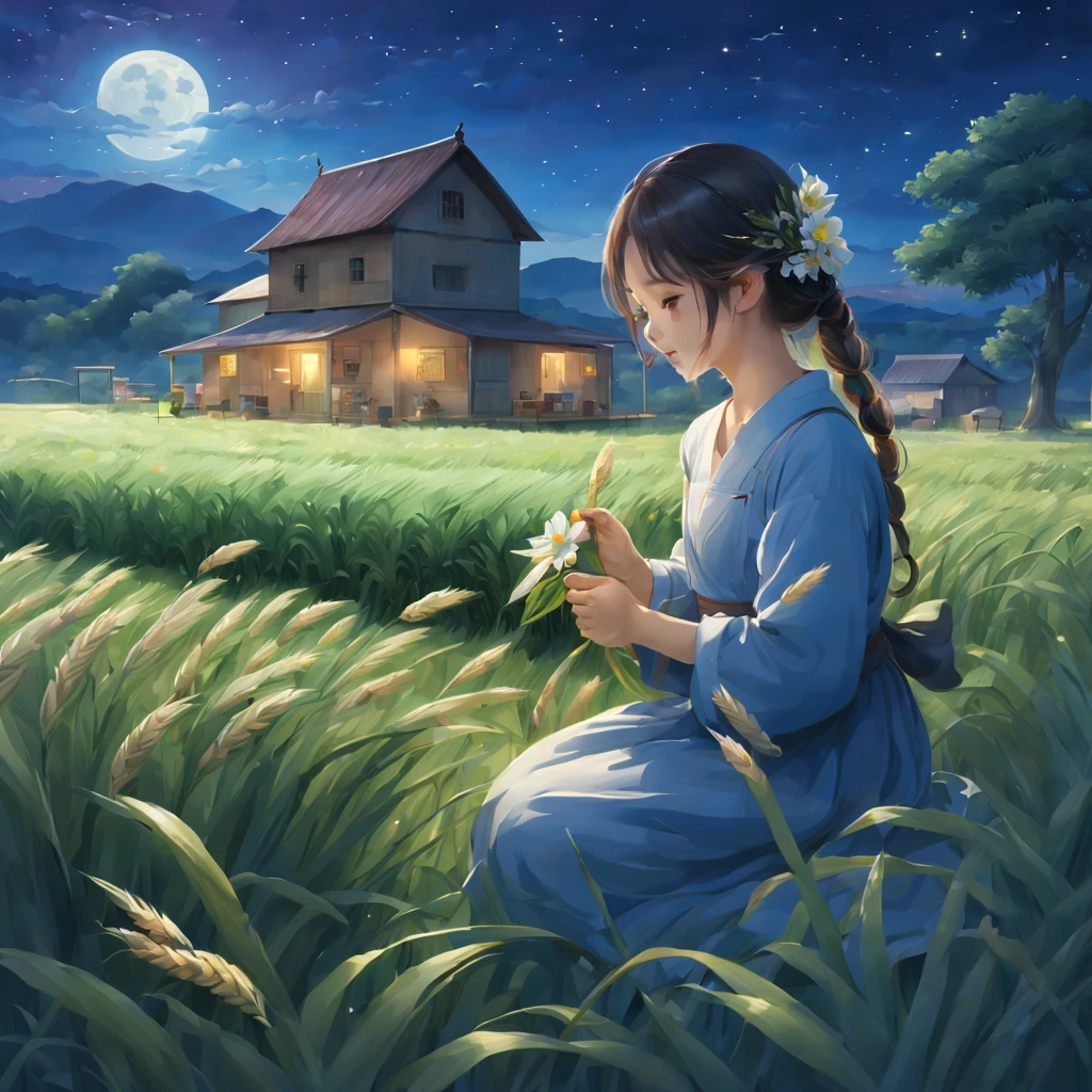 magnificent landscape painting,the night,Farm life,Girl with a flower in her hairm scene,naturey,green colorm house,Tano,cropper,flourishing,abundance,lavoura,Tools,Industrious farmer,abundance的水果和蔬菜,Farm animals eating grass with satisfaction,picturesque countryside,peacful,peacful,satisfy,satisfy,moonlit sky,grass swaying in the breeze,Stars twinkle overhead,Fireflies are flying around,Night wind whispers,peacful而田园的环境,Subtle blue-violet tones,Subtle warm colors,Ethereal and dreamy atmosphere,A faint floral scent,Farmland stretches into the distance,Wheat fields sway gently,night adventure,Magical and charming atmosphere。(best quality,4k,8k,highres,masterpiece:1.2),ultra-detailed,(realistic,photorealistic,photo-realistic:1.37),