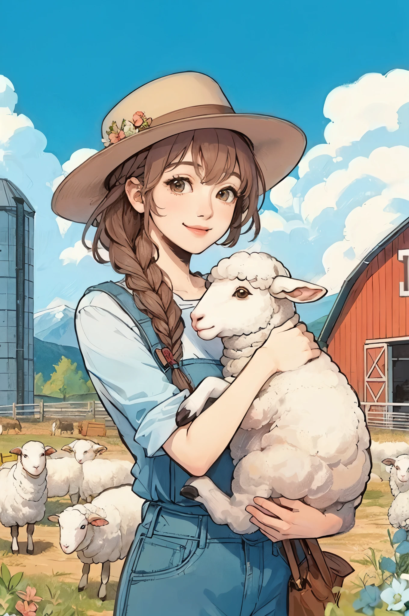 1lady solo, rancher (stylish outfit), (holding a sheep:1.2) (lifting a sheep), mature female, /(brown hair/) braid, bangs, kind smile, (masterpiece best quality:1.2) delicate illustration ultra-detailed, large breasts BREAK (realistic sheep smiling) illustration BREAK (sheep farm outdoors) (lots of sheep), (western-style sheep barn and silo), blue sky