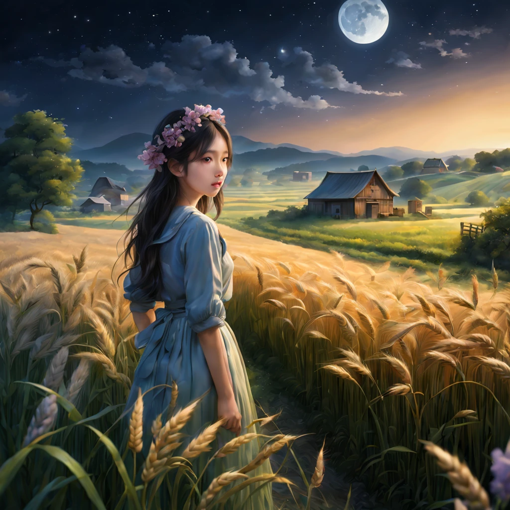 magnificent landscape painting,the night,Farm life,Girl with a flower in her hairm scene,naturey,green colorm house,Tano,cropper,flourishing,abundance,lavoura,Tools,Industrious farmer,abundance的水果和蔬菜,Farm animals eating grass with satisfaction,picturesque countryside,peacful,peacful,satisfy,satisfy,moonlit sky,grass swaying in the breeze,Stars twinkle overhead,Fireflies are flying around,Night wind whispers,peacful而田园的环境,Subtle blue-violet tones,Subtle warm colors,Ethereal and dreamy atmosphere,A faint floral scent,Farmland stretches into the distance,Wheat fields sway gently,night adventure,Magical and charming atmosphere。(best quality,4k,8k,highres,masterpiece:1.2),ultra-detailed,(realistic,photorealistic,photo-realistic:1.37),