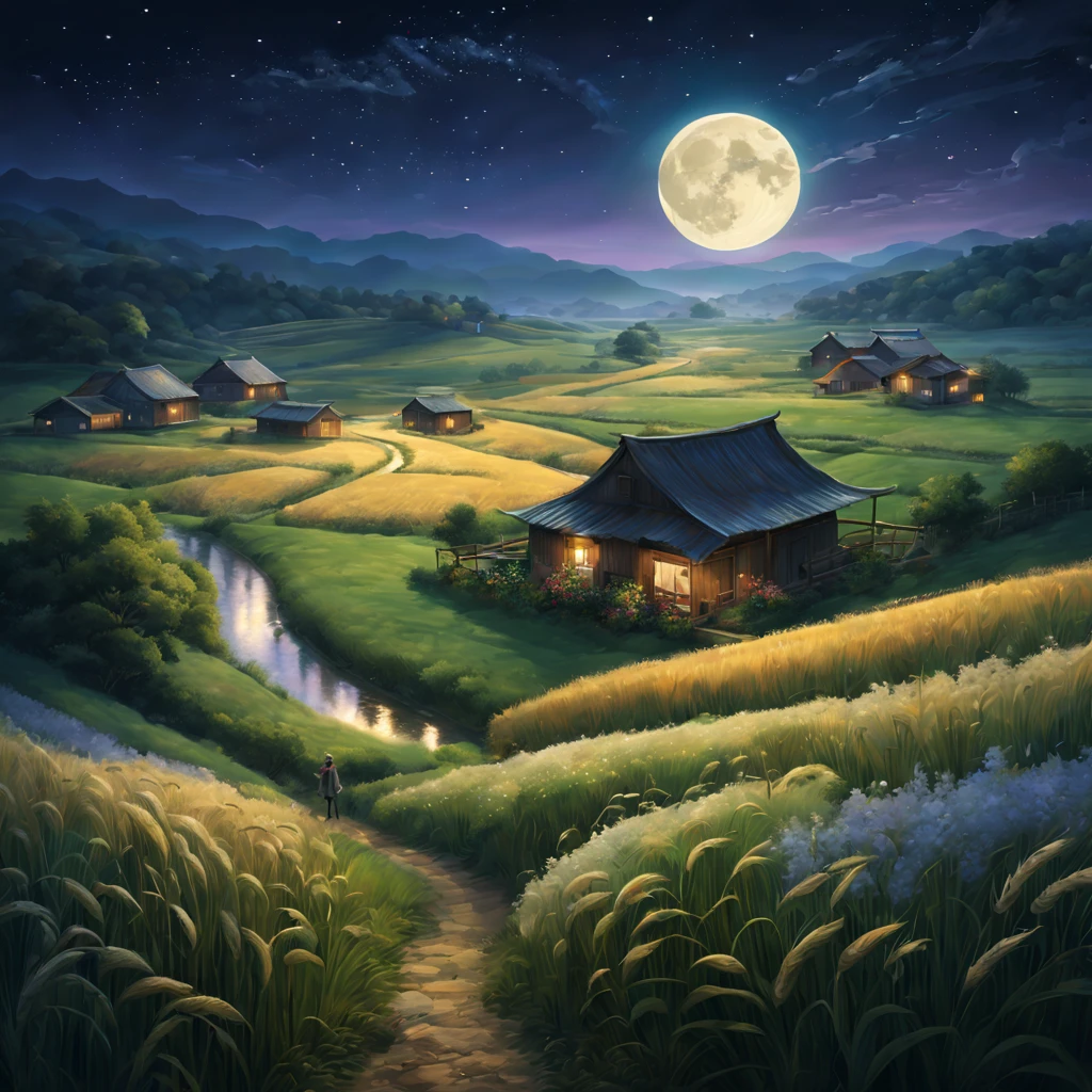 magnificent landscape painting,the night,Farm life,Girl with a flower in her hairm scene,naturey,green colorm house,Tano,cropper,flourishing,abundance,lavoura,Tools,Industrious farmer,abundance的水果和蔬菜,Farm animals eating grass with satisfaction,picturesque countryside,peacful,peacful,satisfy,satisfy,moonlit sky,grass swaying in the breeze,Stars twinkle overhead,Fireflies are flying around,Night wind whispers,peacful而田园的环境,Subtle blue-violet tones,Subtle warm colors,Ethereal and dreamy atmosphere,A faint floral scent,Farmland stretches into the distance,Wheat fields sway gently,night adventure,Magical and charming atmosphere。(best quality,4k,8k,highres,masterpiece:1.2),ultra-detailed,(realistic,photorealistic,photo-realistic:1.37),