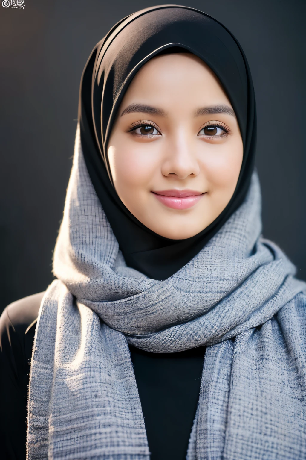((Masterpiece, ultra detailed, best quality, HDR, UHD, Sharp focus, hyper realistic, photorealistic, like a photo, RAW Photo))1 girl, soft smile, black T-shirt, wall background, close up, hijab, jilbab, scarf, gamis, 30 yo
