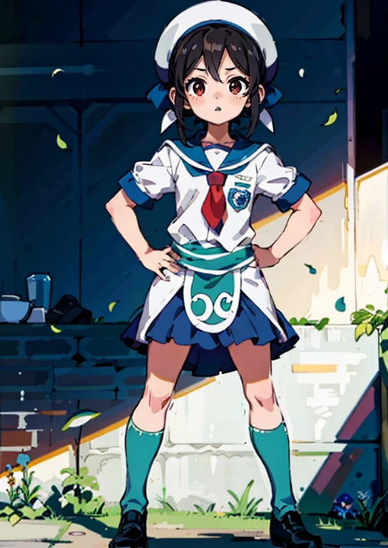 1 girl, ((master part, side-lighting, Beautiful eyes: 1.2), ultra-detalhado, ultra high-resolution, professional lighting, maquiagem de alta qualidade, Beautiful detailed eyeest-quality:0.8), perfect anime illustremion, Beautiful, flem color Background Story, Background Story, corpo inteiro , Olhando_em_visualizador, sozinho, (corpo inteiro:1.5), brown hair, olhos castanhos escuros, (seios pequenos:1.1), sozinho,HuasaChile, Huasachina, cinta, puffy vestir, vestir, mangas curtas inchadas, knee tights, black footwear, estampa floral, print vestir, hand on hip, neckerchief,Toph, (cego:1.5)