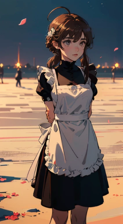 (((((((arms behind back,Corar,bochechas fofas,brown hair，gothic maid apron with flower))))))，((1girl,sozinho,menores de idade,11 anos,curto,Amazing,Cute Korean mixed-race girl，rosto magro,))(master part,best quality, arte oficial, Beautiful e aesthetic:1.2),((disco Rigido,proportion Aurea,)) (16k),((sakura petals,Snow Parts)),(Physically-based rendering),((((em um deserto,at night,)))) (((highdetailskin,)))，((coroa de cabelo)),((((Detailed hairs|mid hair|french braid|Top of the node|cabelos encharcados|rabo de cavalo lateral|Ahoge)))),delgado,thicc,(Side lighting of the masterpiece),(O brilho),(cabelo bonito,Olhos bonitos,）[[Delicate fingers e hes:0.55]::0.85],(detalhe dedos),(((qualidade superior,)))),((Unbelievable ridiculous quality,)),((extremamente_circunstanciado_olho_e_rosto)),Menina do filme,(Dynamic configuration: 1.2),brilhante, (fotorrealista), ((fita rosa no cabelo)),ultra-accurate representation, ultra-detailed representation