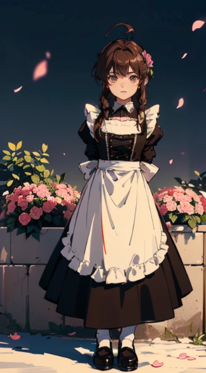 (((((((arms behind back,Corar,bochechas fofas,brown hair，gothic maid apron with flower))))))，((1girl,sozinho,menores de idade,11 anos,curto,Amazing,Cute Korean mixed-race girl，rosto magro,))(master part,best quality, arte oficial, Beautiful e aesthetic:1.2),((disco Rigido,proportion Aurea,)) (16k),((sakura petals,Snow Parts)),(Physically-based rendering),((((em um deserto,at night,)))) (((highdetailskin,)))，((coroa de cabelo)),((((Detailed hairs|mid hair|french braid|Top of the node|cabelos encharcados|rabo de cavalo lateral|Ahoge)))),delgado,thicc,(Side lighting of the masterpiece),(O brilho),(cabelo bonito,Olhos bonitos,）[[Delicate fingers e hes:0.55]::0.85],(detalhe dedos),(((qualidade superior,)))),((Unbelievable ridiculous quality,)),((extremamente_circunstanciado_olho_e_rosto)),Menina do filme,(Dynamic configuration: 1.2),brilhante, (fotorrealista), ((fita rosa no cabelo)),ultra-accurate representation, ultra-detailed representation