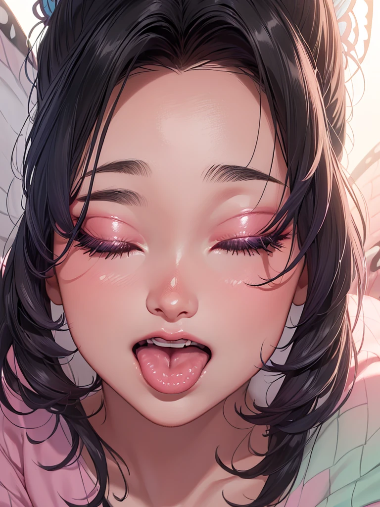 (masterpiece, best quality), 8K, high detail, overhead shot, ((extreme close-up)), incoming kiss, tongue out, eyes closed, 1girl, open mouth, eyelash extension, pink cheek, (thick lips), black hair,