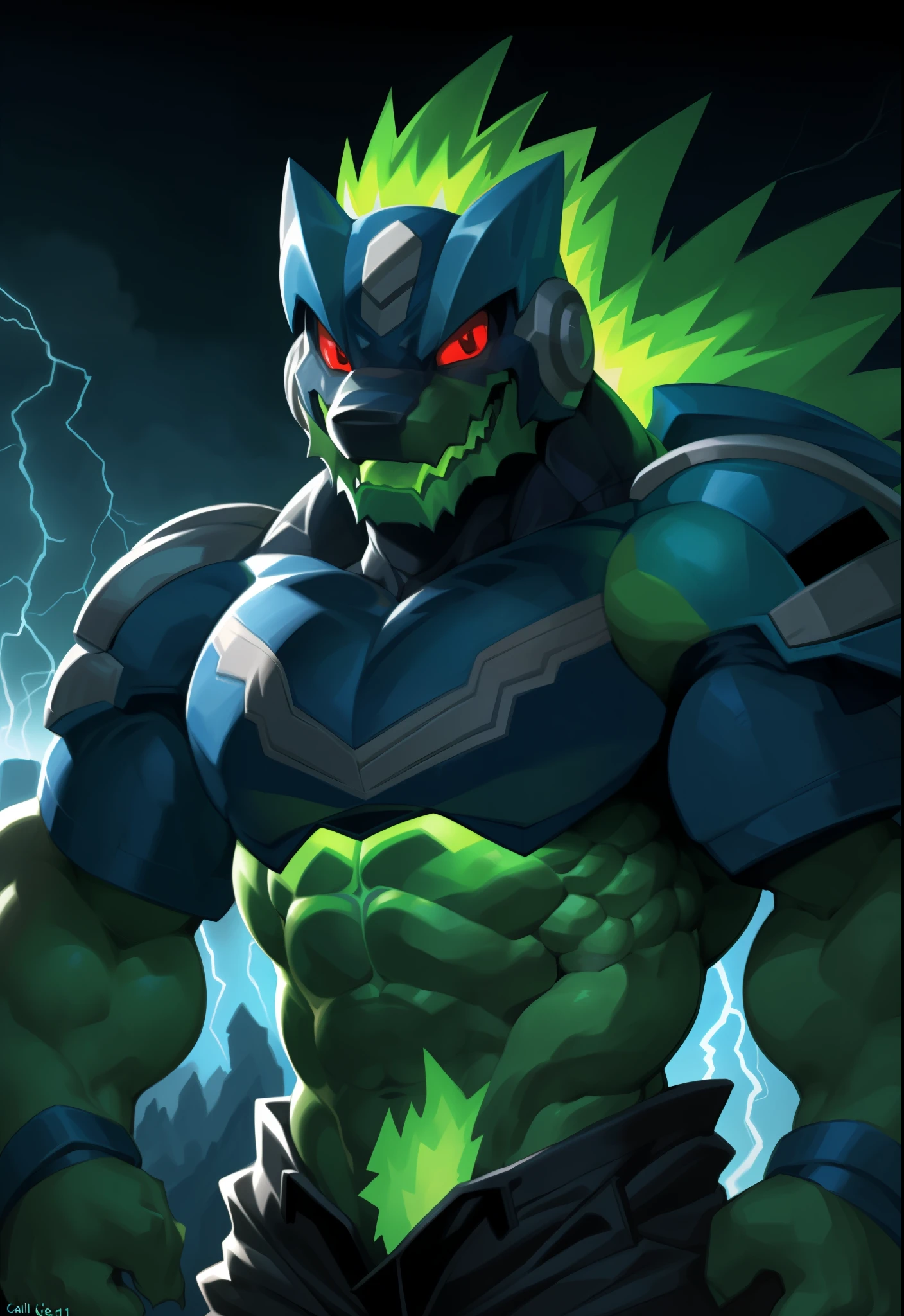 omega-xis, armor, mega man (series), male, muscular, red eyes, muscular anthro, hi res, abs, muscular male, green body, glowing body, glowing, energy, green hair, helmet, looking at viewer, hi res, pants, detailed background, lighting, photorealistic, 8k hd, extreme detail, (dark shadows, wide dynamic range, hdr, low light:1.2), by canyne khai,by milkytiger1145,by takemoto arashi,by null-ghost, elemental creature, electricity, bust portrait