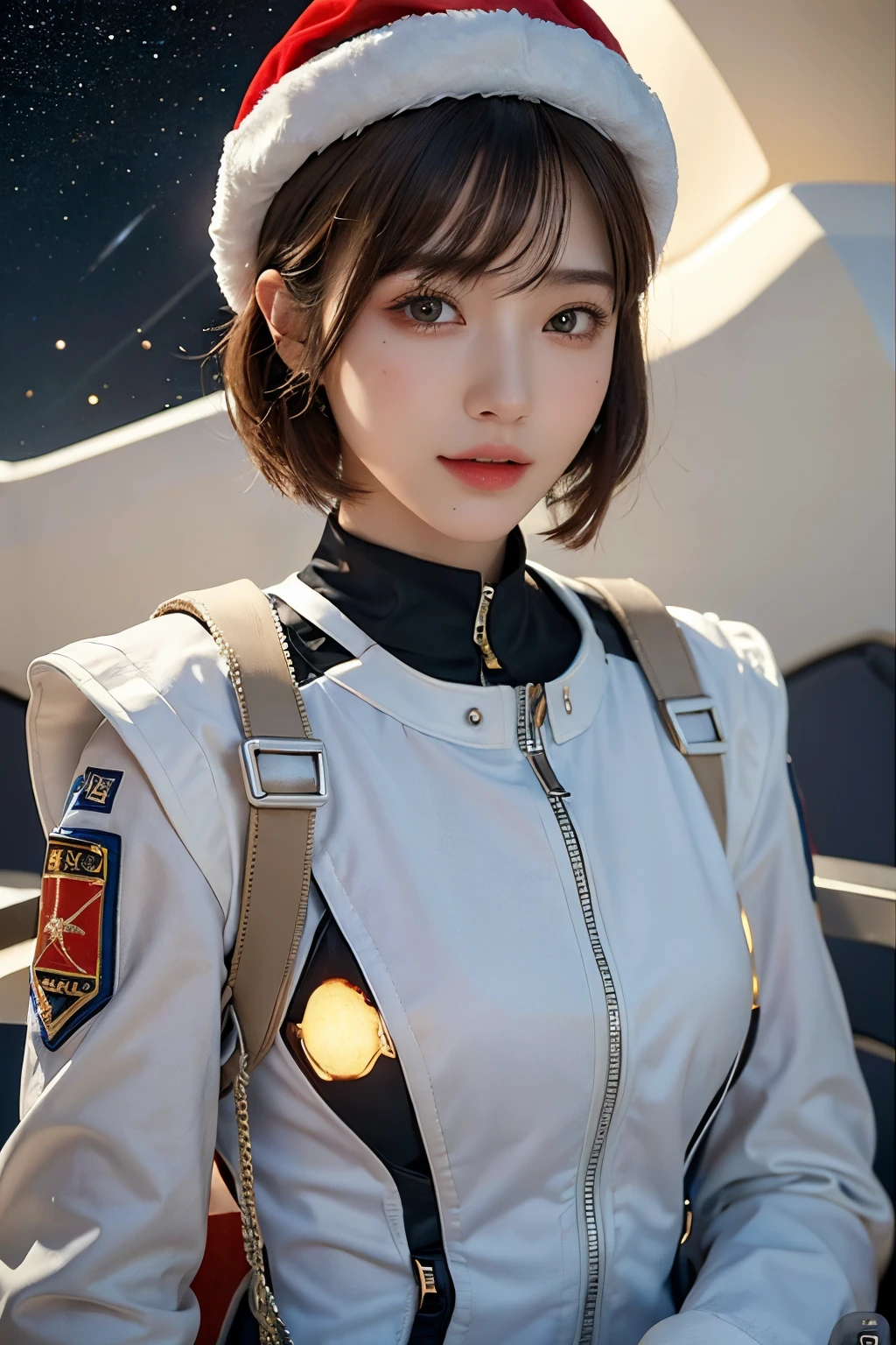 top-quality、​masterpiece、超A high resolution、(realisitic:1.4)、Beautuful Women１、Beautiful detail eyes and skin、ssmile、Light brown short-cut hair、The perfect spacesuit、cosmic space、santa hat、