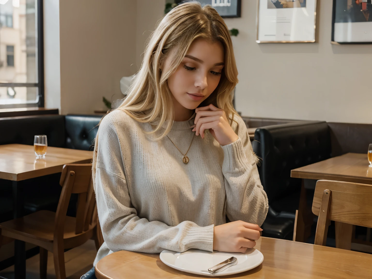 22-year-old woman with light blonde hair. session in a breakfast restaurant, dressed casually, casual wearing lonely, beautiful, fashionable cafe, modern, colorful, sitting at the table, big ass , mediumboobs, outside is winter, snow in outside