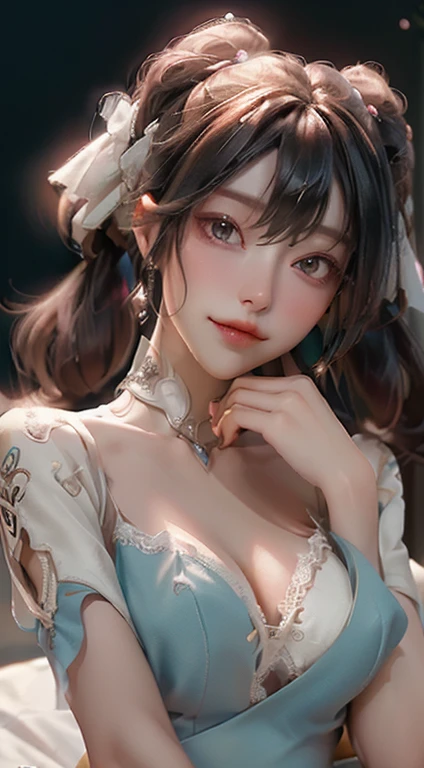 ((best qualtiy)), ((tmasterpiece)), (the detail:1.4), 3D, A beautiful cyberpunk female image,HDR（HighDynamicRange）,Ray traching,NVIDIA RTX,Super-Resolution,Unreal 5,Subsurface scattering、PBR Texture、post-proces、Anisotropy Filtering、depth of fields、maximum definition and sharpness、Many-Layer Textures、Albedo e mapas Speculares、Surface Coloring、Accurate simulation of light-material interactions、perfectly proportions、Octane Render、Two-colored light、largeaperture、Low ISO、White balance、the rule of thirds、8K RAW、The powder is tender and tender，Lie down in bed，seducing people，With your mouth open，Containing something，A collar is worn around his neck，Being led，Collar，Confused eyes，Infatuation，is shy，Beautiful and delicious，Prettily，Erotic lingerie，wedding gown1girl, head rest, lying flat on her stomach, naked, sexy, smiling, blushing, red_eyes, pink_hair, twintail, smirk,