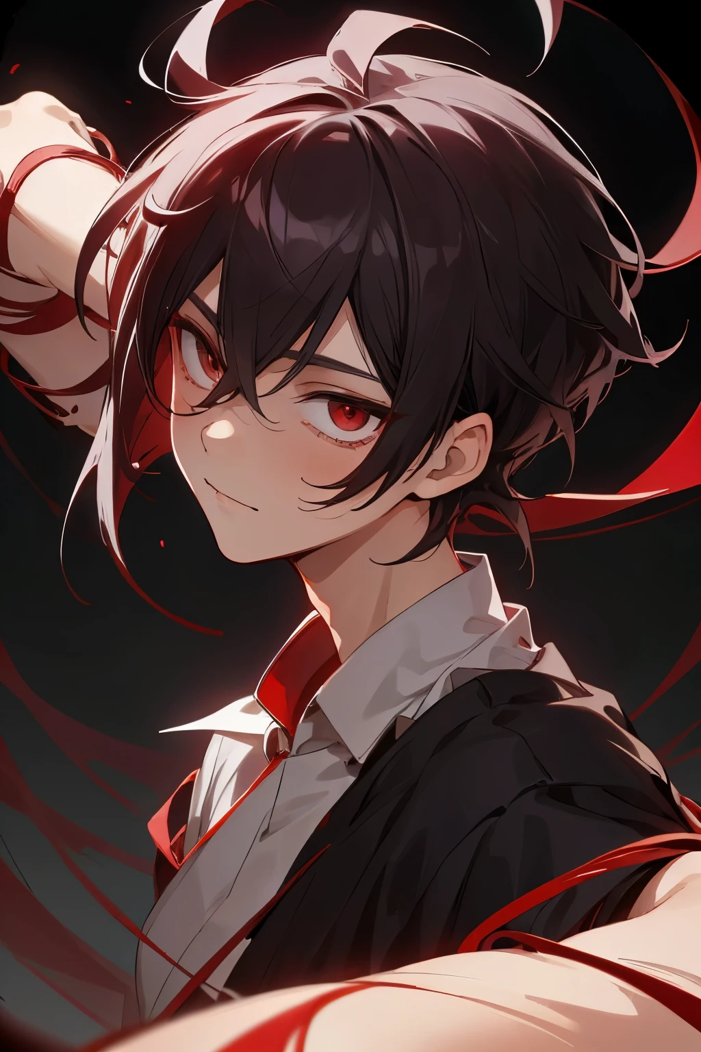 Cartoon cute boy, yandere male, Charming, Handsome，, red eye,fashion hair，short detailed hair，Playful expression，Side face avatar，Black color hair，red background horror