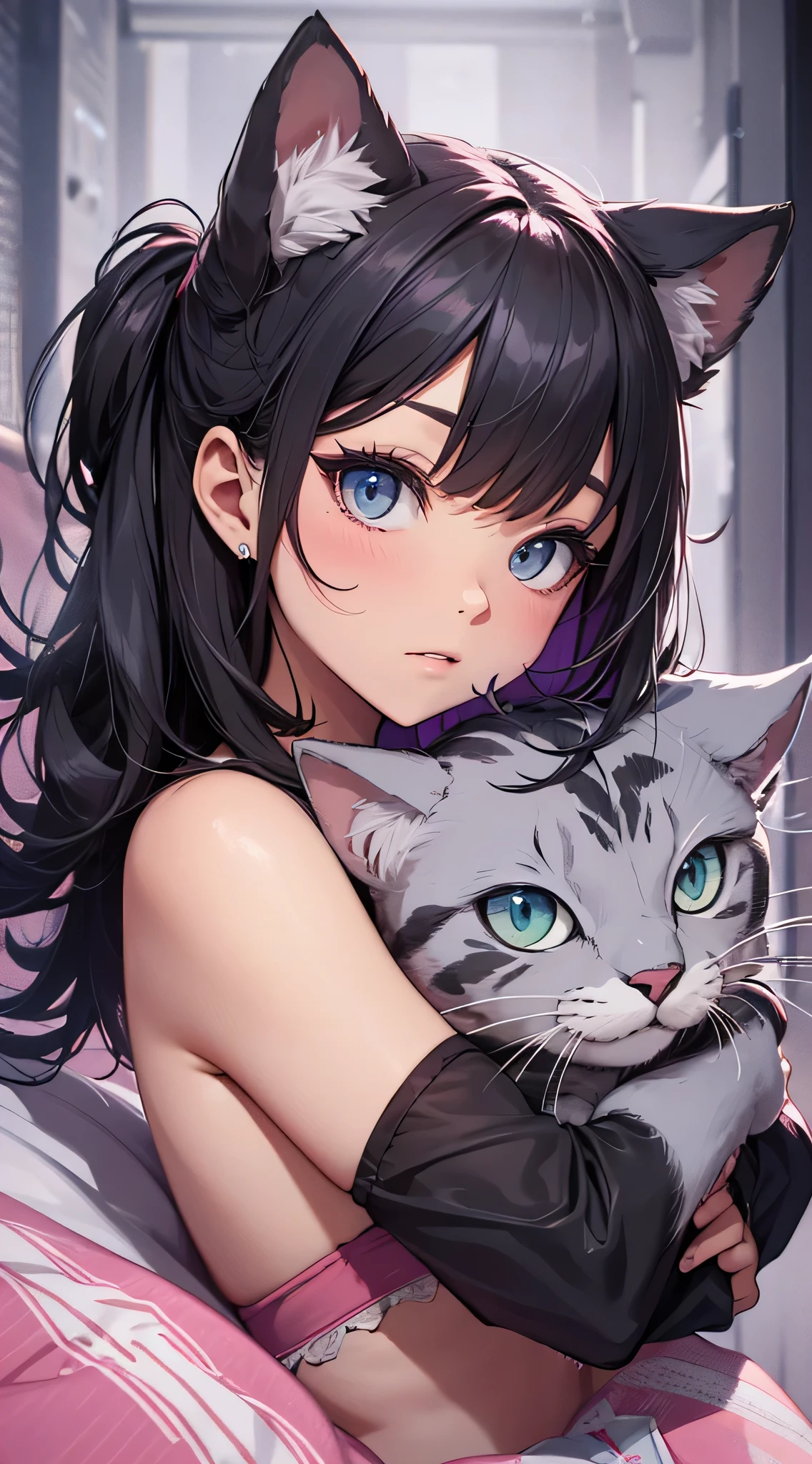 top-quality、Top image quality、​masterpiece、Teenage girl((Black pajamas、18year old、 Ager、Best Bust、big bast,Black eyes, Black hair、A slender,Large valleys、Clean and clean、床futon beddingの上にいる、embarassed face、dye one's cheeks red、wonderment、Hugging a stuffed cat)),hiquality、Beautiful Art、Background with((Nice and clean room.、futon bedding、animal stuffed、pink walls))​masterpiece、depth of fields,Cinematic style