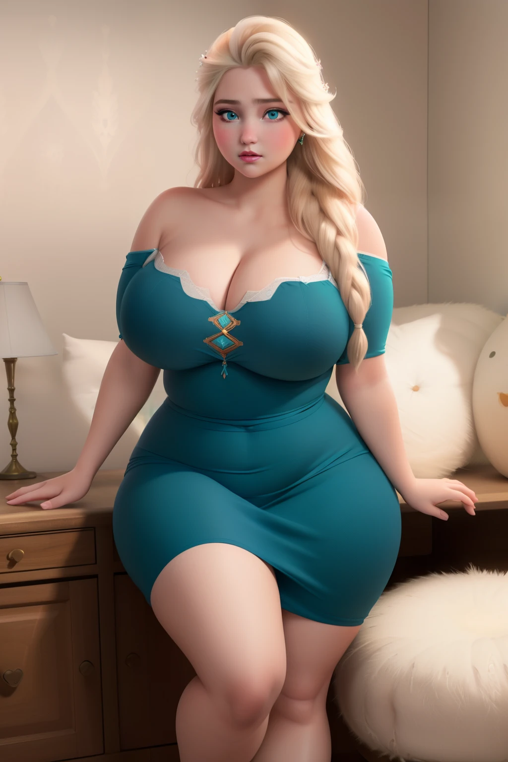 masterpiece, (photorealistic), (8k wallpaper) , (best quality), perfect quality, solo, (detailed eyes:0.9), girl, blonde hair, Elsa, very beautiful, face : ( very beautiful face, cute face, round face, young, a bit plump cheeks ) , figure: ( very full body, very thicc, plump, big breasts, very soft, very curvy, sexy, sexy pose, chubby, chubby belly, navel, love handles, muffin top, big deep navel, thunder thighs, fed up) , clothes : ( teal tight dress )