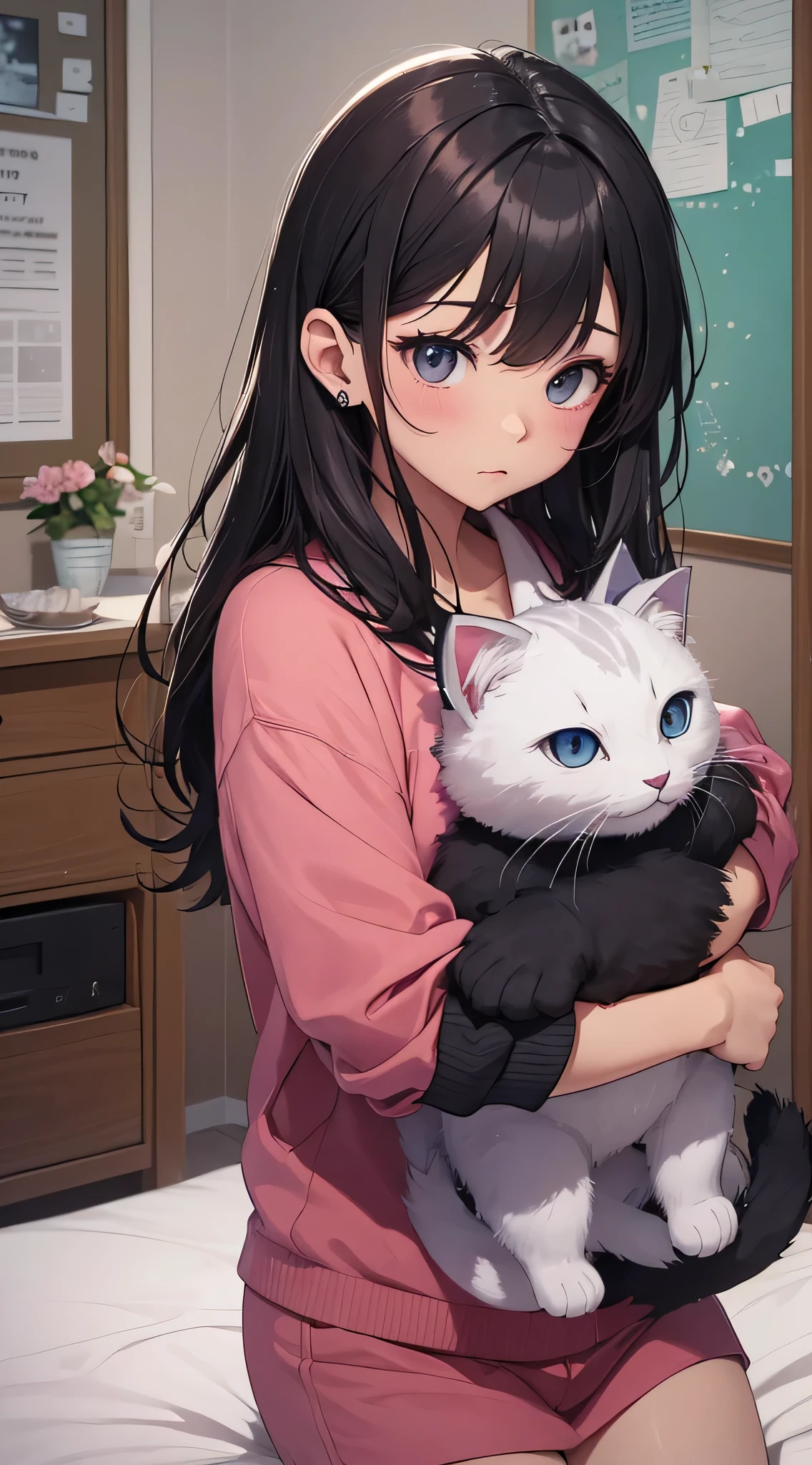 top-quality、Top image quality、masterpiece、 girl((Black pajamas、18year old、 Ager、Best Bust、big bast,Black eyes, Black hair、A slender,Large valleys、Clean and clean、床futon beddingの上にいる、embarassed face、dye one's cheeks red、wonderment、Hugging a stuffed cat)),hiquality、Beautiful Art、Background with((Nice and clean room.、futon bedding、animal stuffed、pink walls))masterpiece、depth of fields,Cinematic style