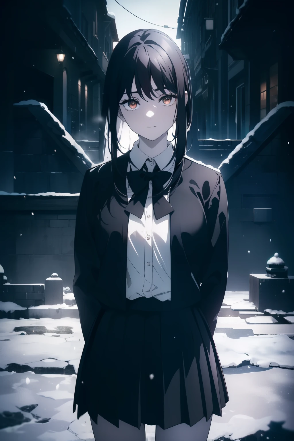 (Obra maestra, La mejor calidad, ultrahigh resolution), 1girl, standing, school uniform, white office shirt, black pleated skirt, (((black hair, dark black hair))), (long hair), pale skin, ((brown eyes)), glowing_eyes, neon eyes, (ultra detailed eyes:0.7, beautiful and detailed face, detailed eyes:0.9), ((centered)), smile, facing viewer, eye level, ((vibrant background, snowy landscape, cityscape, snowing, snow)), flat chested, looking at viewer, ((half closed eyes)), ((perfect hands)), (((head:1, arms, hips, elbows, in view))), ((hands behind back)), empty eyes, beautiful lighting, outside, outdoors, background, defined subject, 25 years old, (head tilt)