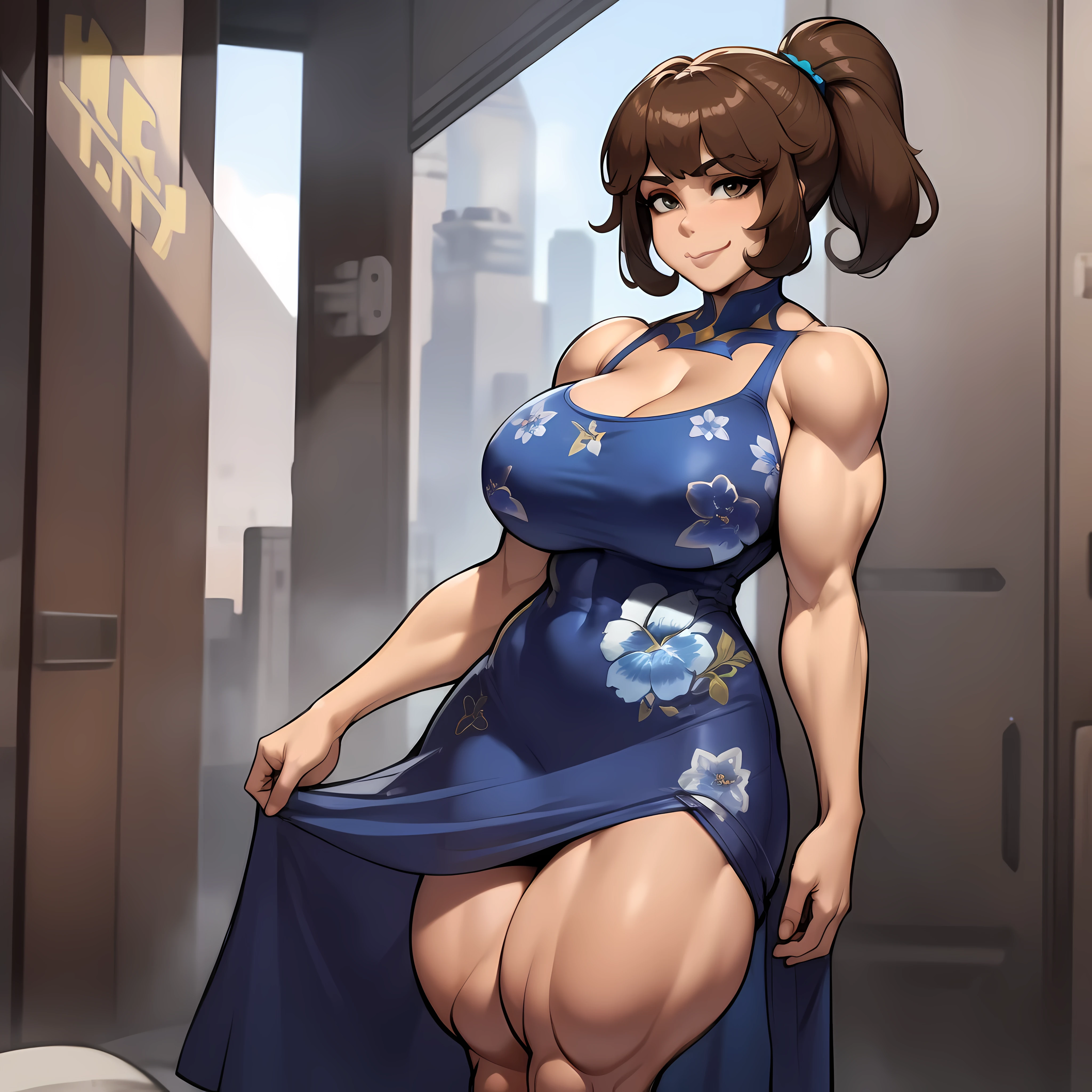one female with short ponytail brown haircut, has brown eyes, long form fitting blue floral dress, alone, solo, (ALONE)(SOLO), showing cleavage, facing forward, looking at me, looking forward, smirk, showing full legs, looking casual, ((((huge muscles))))