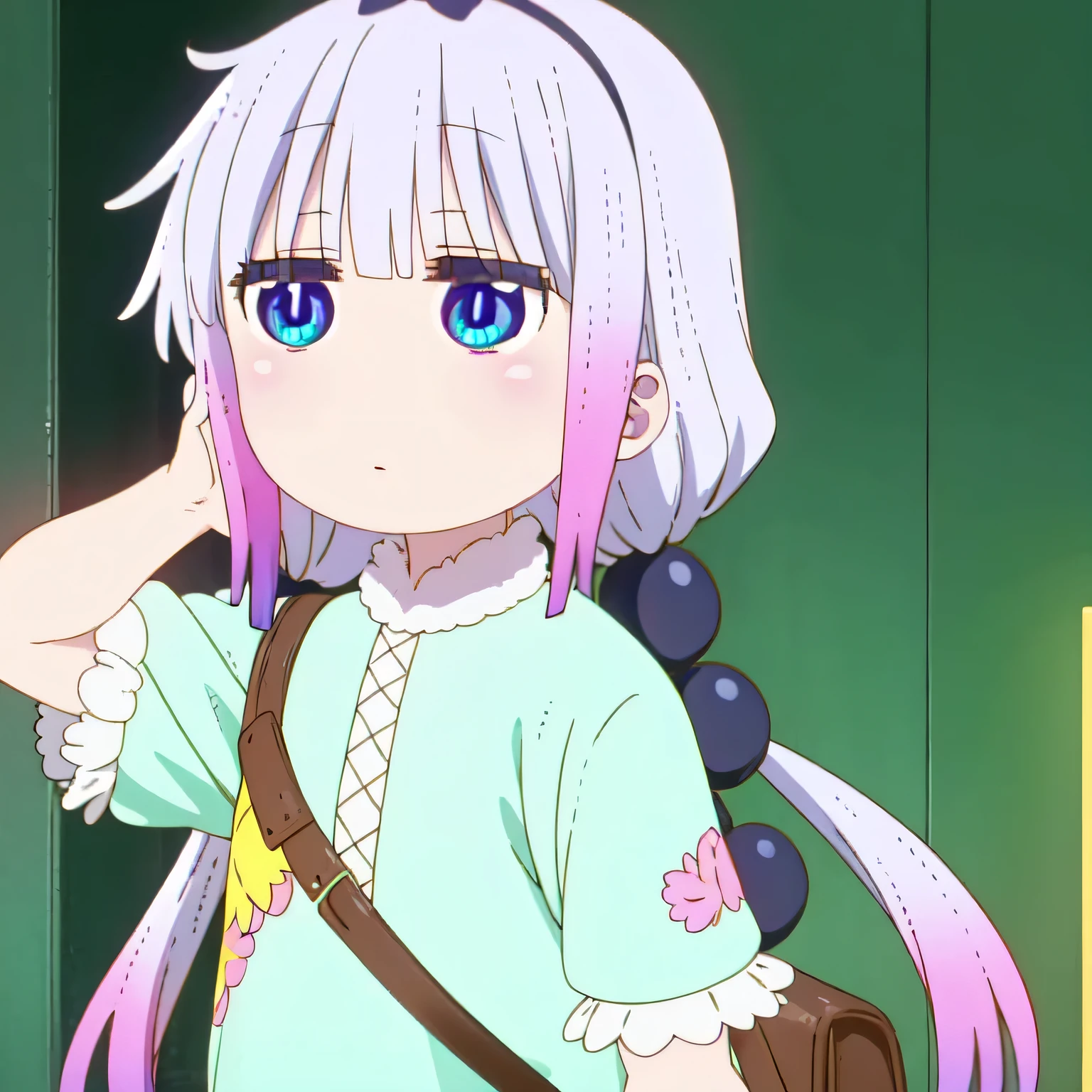 kanna kamui, long hair, bangs, blue eyes, hair ornament, twintails, blunt bangs, low twintails, light purple hair, dragon girl, hairband,