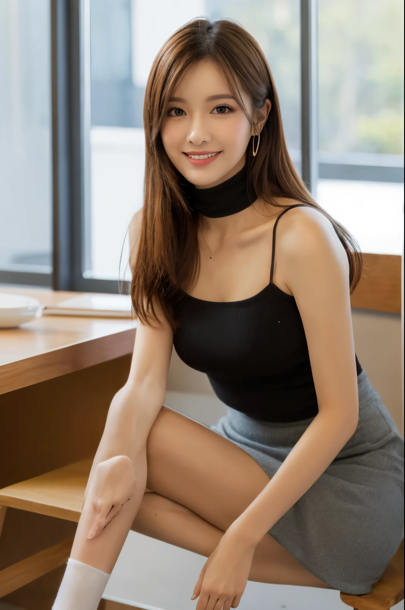 ulzzang -6500-v1.1, (Raw photo:1.2), (Photorealsitic), Beautiful detailed, (Real: 1.4), ighly detailedな目と顔, beatiful detailed eyes, Standing in the office、(Sleeveless High Neck Sweater、flered skirt:1.2)、(Ultra-realistic pantyhose、high-heels)、Standing cross-legged、huge filesize, hight resolution, ighly detailed, top-quality, [​masterpiece:1.6], illustratio, ighly detailed, nffsw, finely detail, top-quality, 8k wallpaper, Cinematographic lighting, 1 milf, 43 yeas old, perfect body type, cute droopy eyes beautiful big eyes、Pieckfinger, ((masutepiece)), Best Quality, 1 milf, eye shadow, Upper body, Portrait, ((FULL BODYSHOT:1.2))、(Very affectionate smile:1.2)、