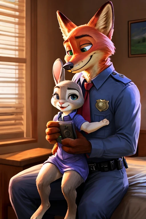 couple, nick wilde and judy hopps, male and female, both cop clothes, size difference, small body, bunny ears, holding on lap, photo, smile, full body, realistic, best shadows, natural lights, room, raw hdr