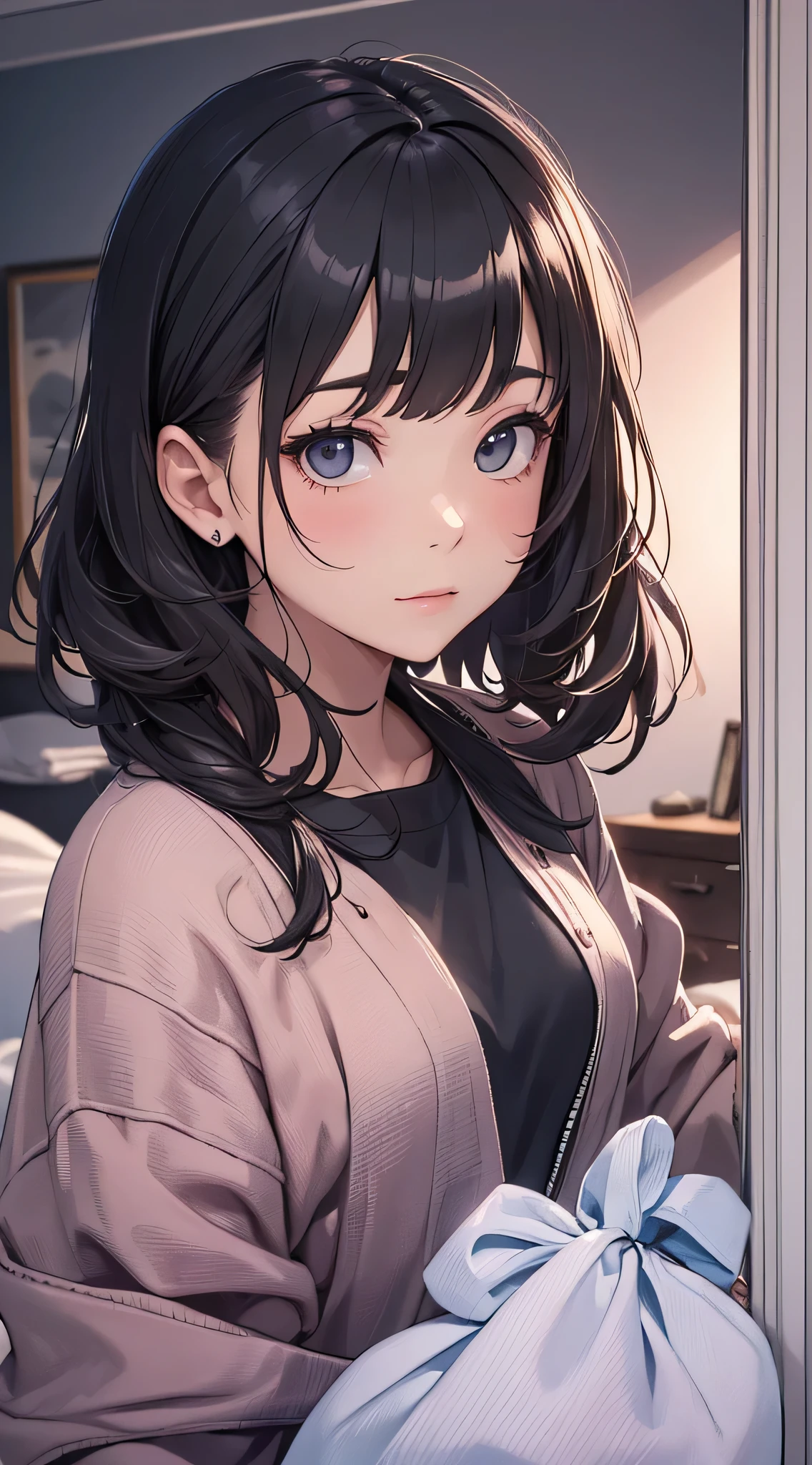 top-quality、Top image quality、masterpiece、 girl((Black pajamas、18year old、 Ager、Best Bust、big bast,Black eyes, Black hair、A slender,Large valleys、Clean and clean、床futon beddingの上で寝そべる、embarassed face、dye one's cheeks red、wonderment)),hiquality、Beautiful Art、Background with((Nice and clean room.、futon bedding、animal stuffed、pink walls))masterpiece、depth of fields,Cinematic style