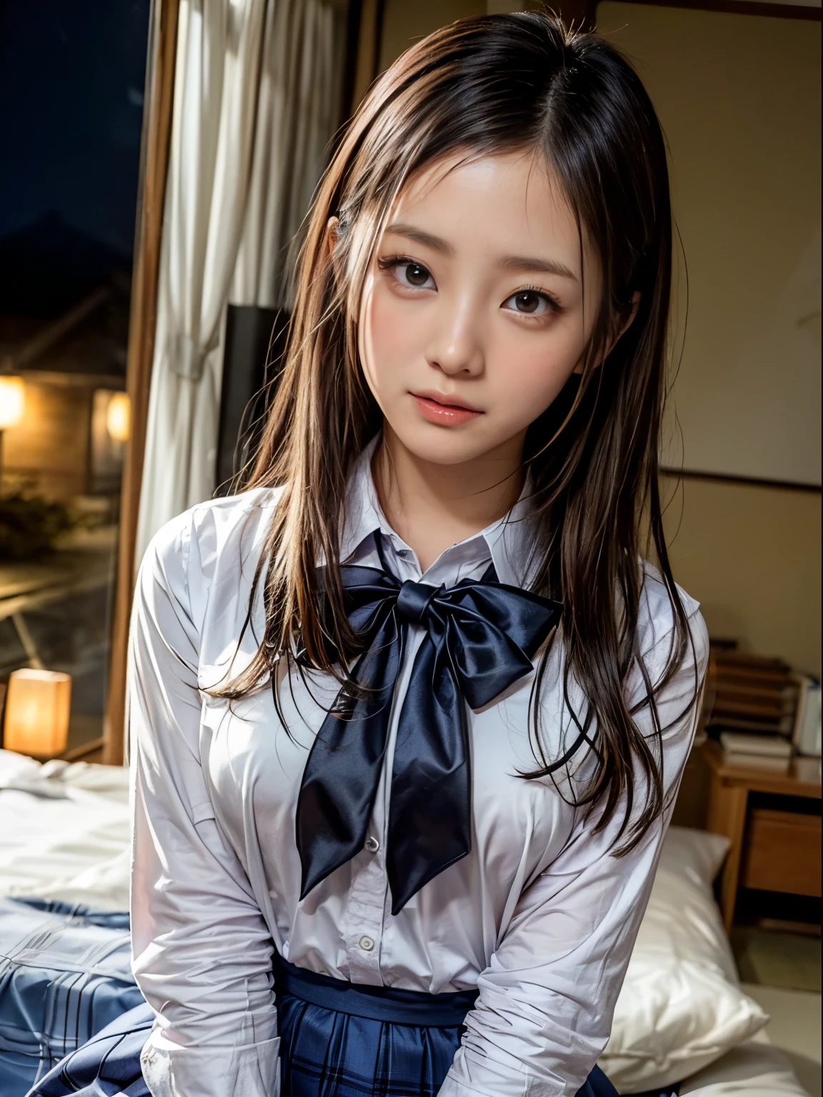 Photorealsitic:1.3、8K, RAW portrait of、 (Women in Japan),​masterpiece、photos realistic, 超A high resolution, Best Quality, Real life photography ,( At night ),
1womanl,(( Girl showing off her nipples in the bedroom late at night)),((very realistic japanese high school students))、((Japan High School Uniforms:1.6))、inside in room、slender physique、Delicat eyes,eyeshadow and eyeliner、  ((dark-brown eyes:1.5))、(Authentic skin texture)、(Immersive atmosphere:0.8、Chiaroscuro:1.2) 、(looking at viewert)、((embarrassed from:1.5))、A smile:0.5、((Shyness:1.5))、((Reddened cheeks:1.3))、((Close-up on the face:1.75))、open-shirt