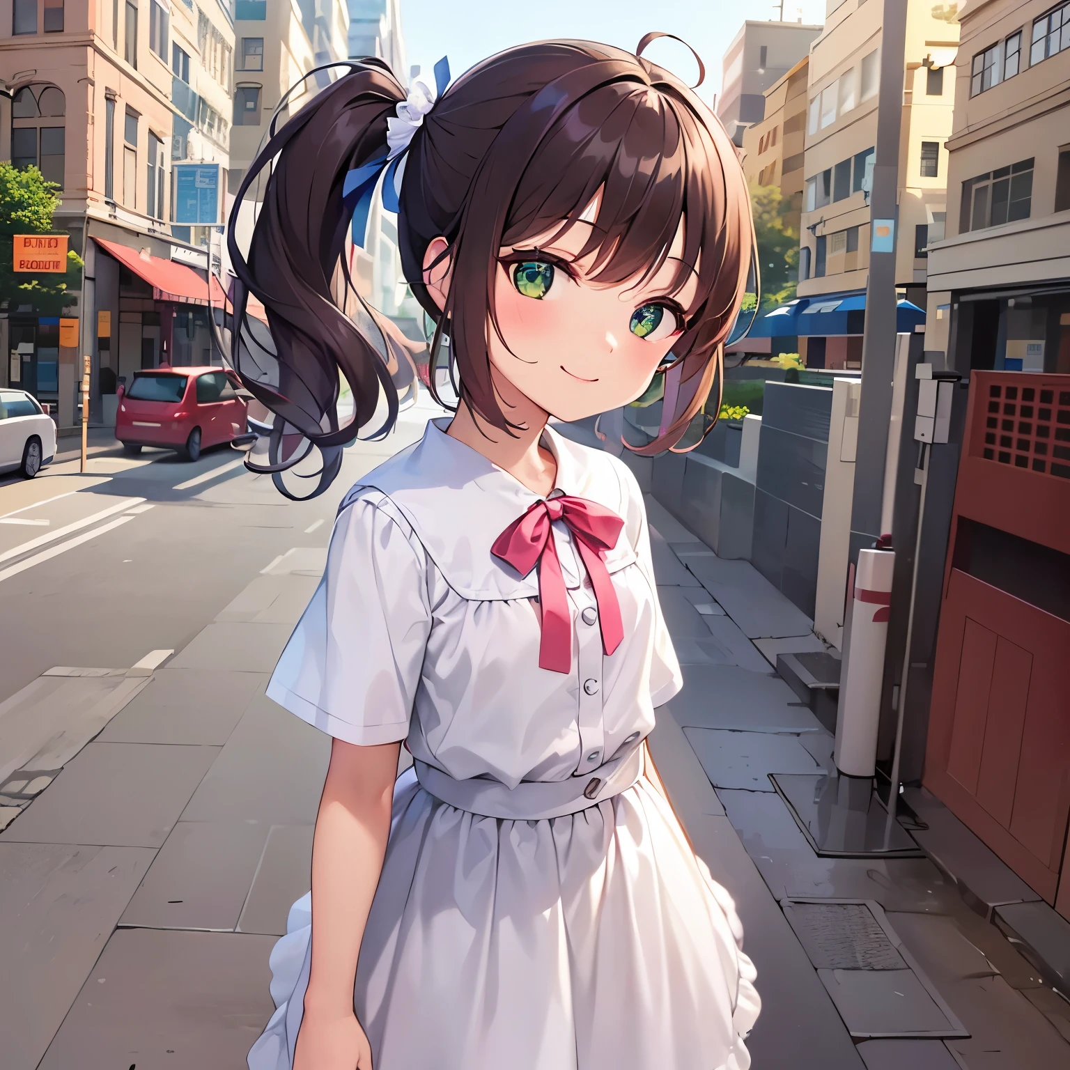 Spreading arms, High angle, side ponytail, ​masterpiece、top-quality、 A 5-year-old girl with green eyes and orange bangs.、child, Wearing a white blouse、Wearing a white skirt、(smile:1.3)、 (Staring:1.5)、is standing、The background is the city、Bold composition、Upper body is shown、Alone、