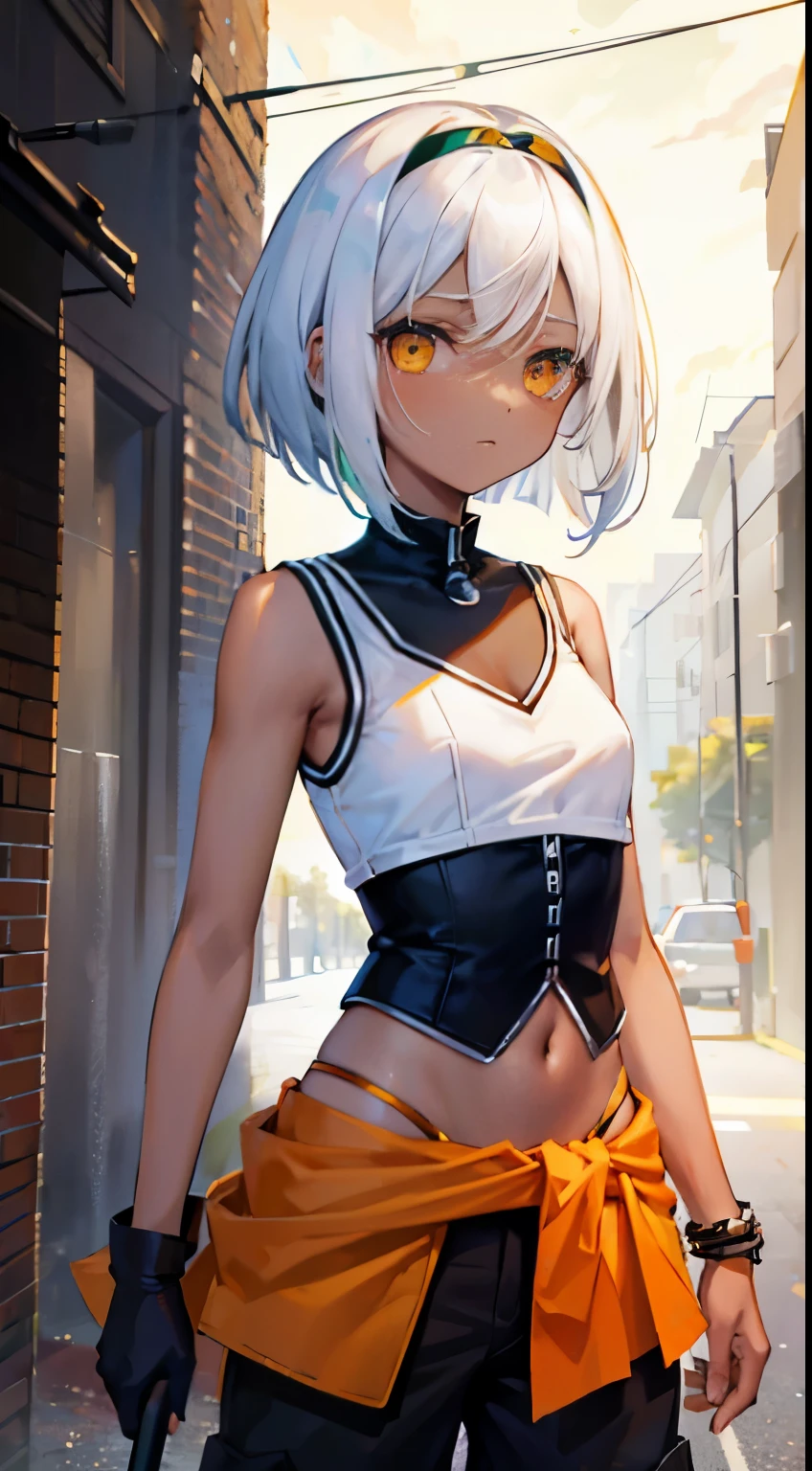 Young black girl, black-skinned, white color hair, Bob Hairstyles, Orange eyes, green rich top, Sleeveless, house, diadems, shorter pants, avas, irate, tmasterpiece, high high quality