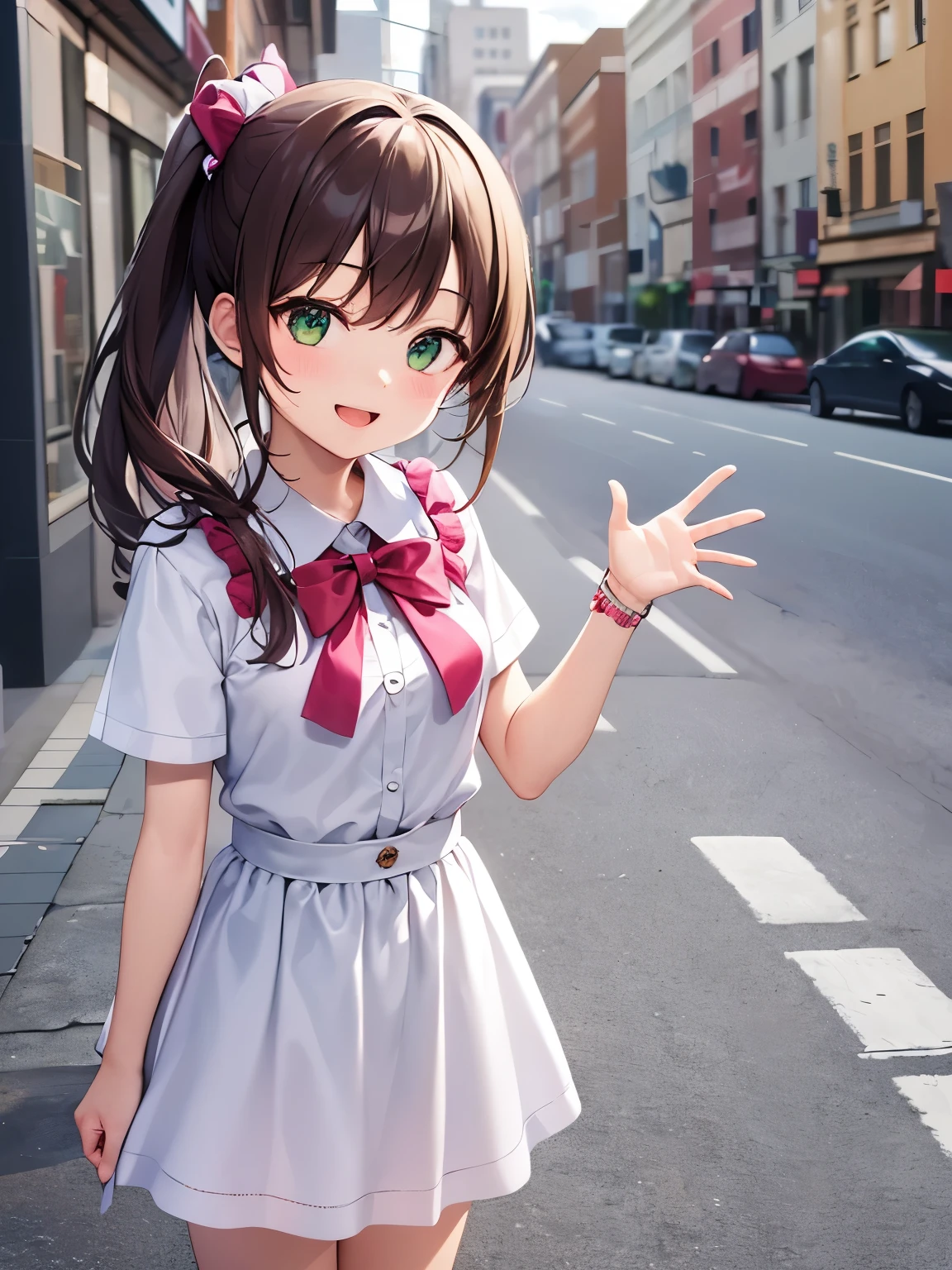 waving at viewer, side ponytail, masterpiece、top-quality、 A 5-year-old girl with orange bangs and green eyes.、child, Wearing a white blouse、Wearing a white skirt、open mouth, (smile:1.3)、(Staring:1.5)、is standing、The background is the city、Bold composition、Upper body is shown、Alone、