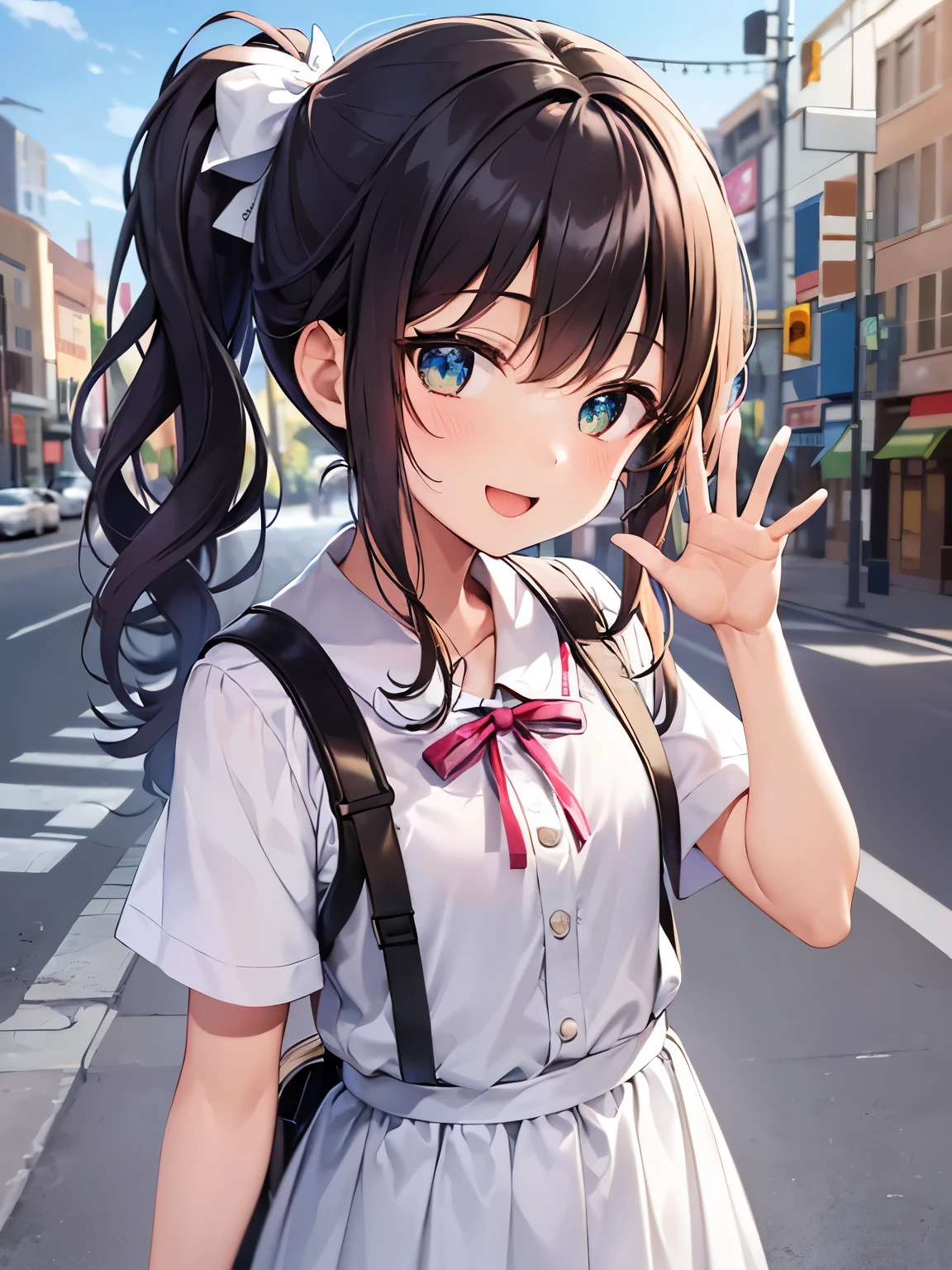 waving at viewer, side ponytail, ​masterpiece、top-quality、 A *************** with orange bangs and green eyes.、child, Wearing a white blouse、Wearing a white skirt、open mouth, (smile:1.3)、(Staring:1.5)、is standing、The background is the city、Bold composition、Upper body is shown、Alone、