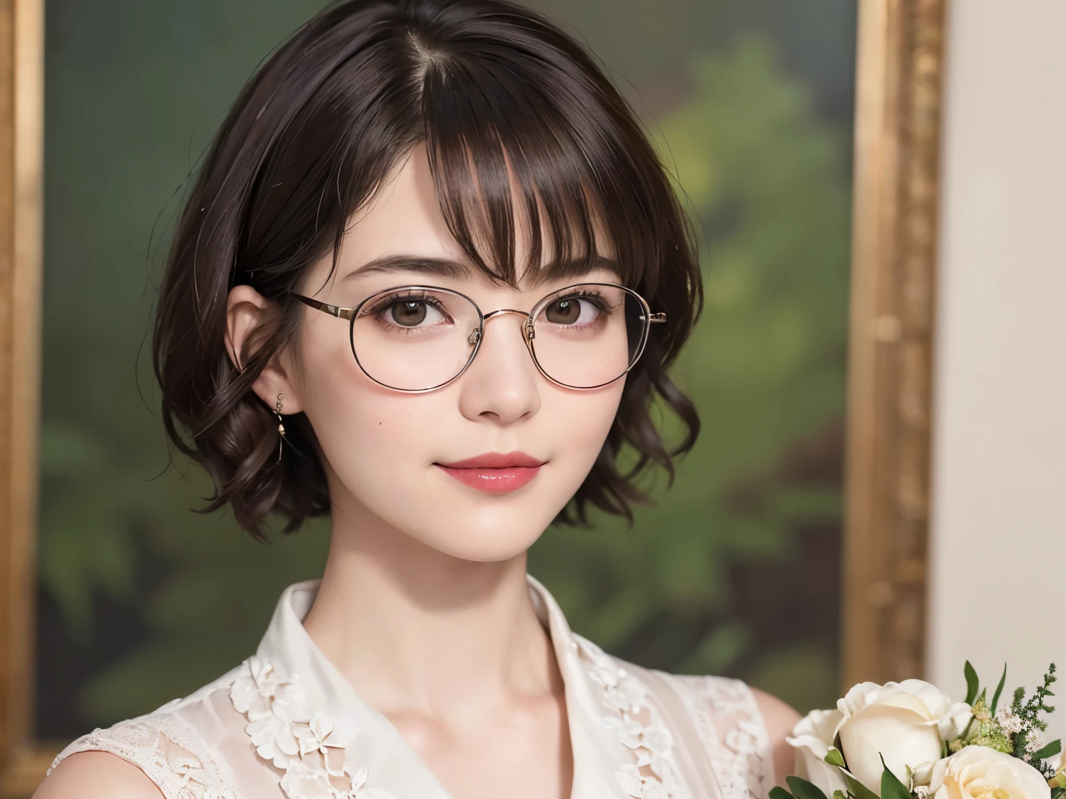 138
(a 20 yo woman,draw a self-portrait), (A hyper-realistic), (high-level image quality), ((beautiful hairstyle 46)), ((short-hair:1.46)), (Gentle smile), (breasted:1.46), (lipsticks), (wears glasses,wide,a room), (florals), (an oil painting、Rembrandt)