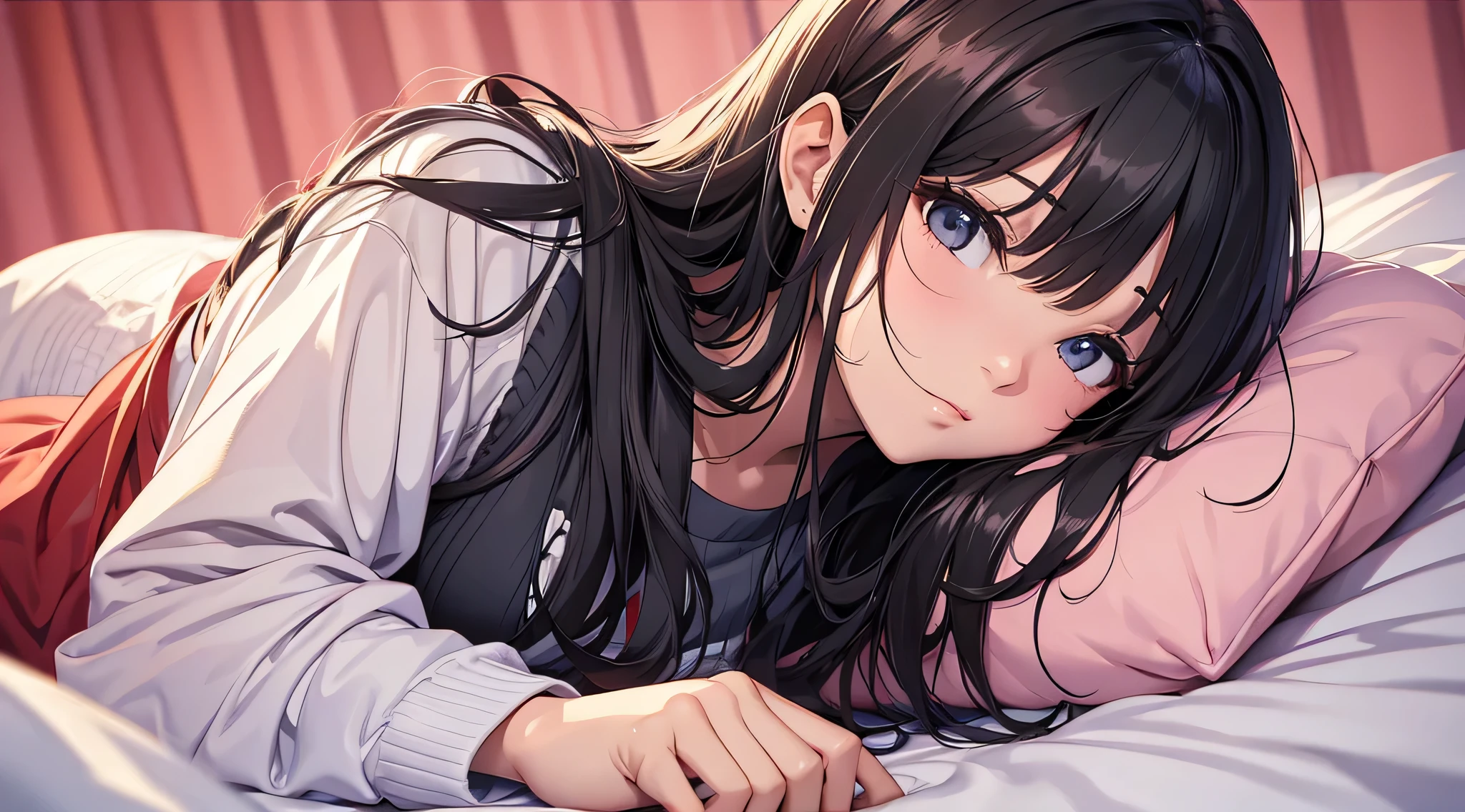 top-quality、Top image quality、masterpiece、 girl((Black pajamas、18year old、 Ager、Best Bust、big bast,Black eyes, Black hair、A slender,Large valleys、Clean and clean、床futon beddingの上で寝そべる、embarassed face、dye one's cheeks red、wonderment)),hiquality、Beautiful Art、Background with((Nice and clean room.、futon bedding、animal stuffed、pink walls))masterpiece、depth of fields,Cinematic style
