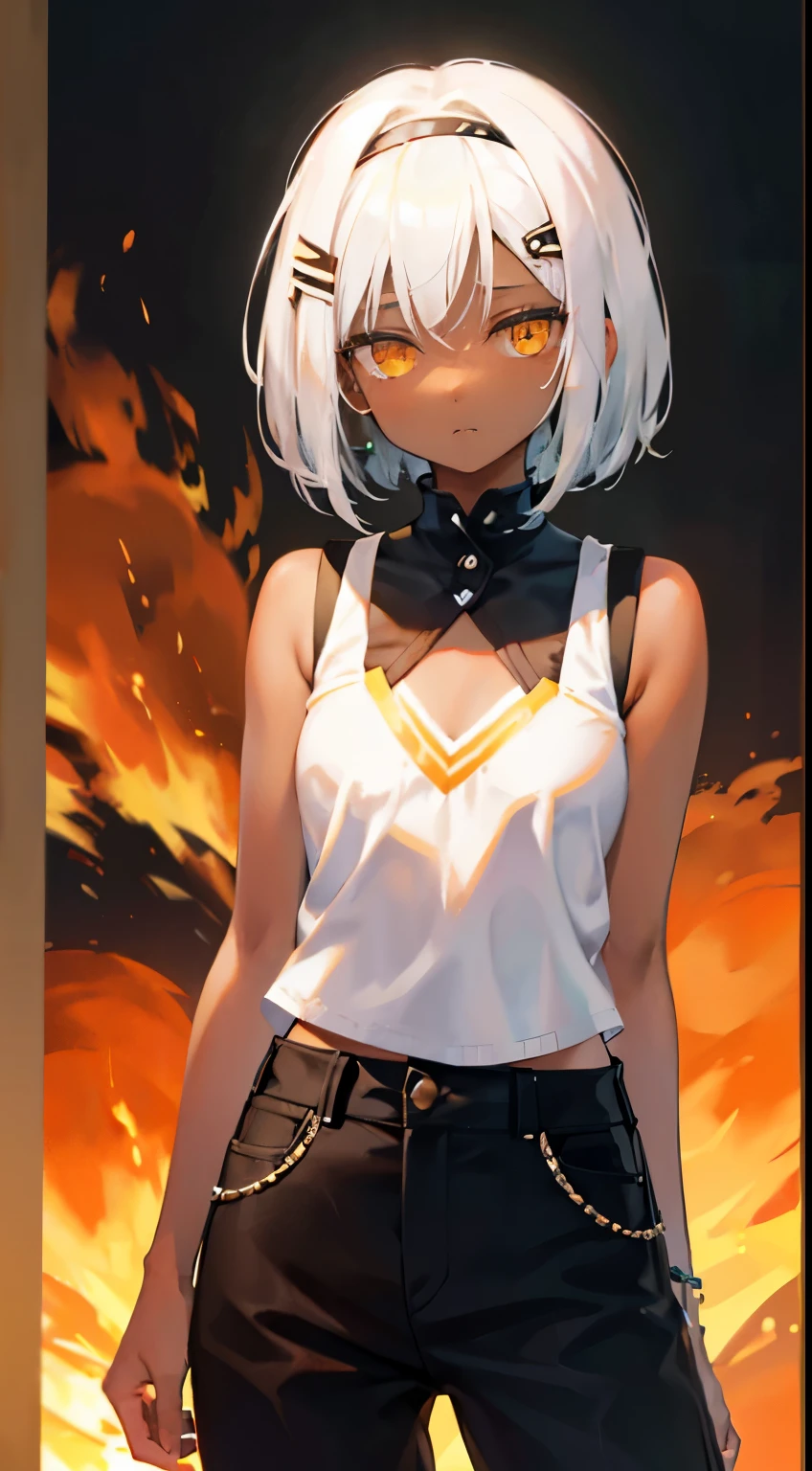 Young black girl, black-skinned, white color hair, Bob Hairstyles, Orange eyes, green rich top, Sleeveless, house, diadems, shorter pants, avas, irate, tmasterpiece, high high quality
