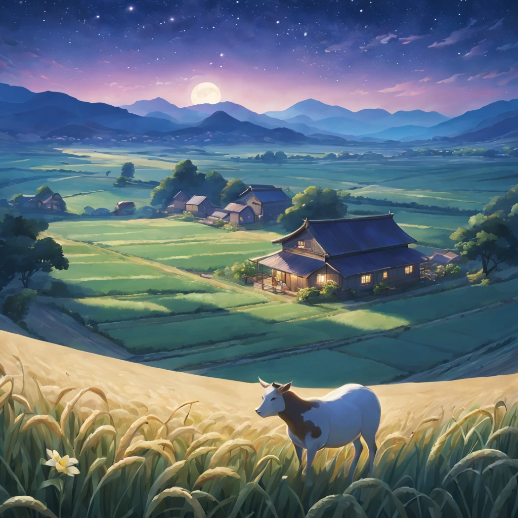 style in ghibli anime,magnificent landscape painting,the night,Farm life,Girl with a flower in her hairm scene,naturey,green colorm house,Tano,cropper,flourishing,abundance,lavoura,Tools,Industrious farmer,abundance的水果和蔬菜,Farm animals eating grass with satisfaction,picturesque countryside,peacful,peacful,satisfy,satisfy,moonlit sky,grass swaying in the breeze,Stars le overhead,Fireflies are flying around,Night wind whispers,peacful而田园的环境,Subtle blue-violet tones,Subtle warm colors,Ethereal and dreamy atmosphere,A faint floral scent,Farmland stretches into the distance,Wheat fields sway gently,night adventure,Magical and charming atmosphere。(best quality,4k,8k,highres,masterpiece:1.2),ultra-detailed,(realistic,photorealistic,photo-realistic:1.37),