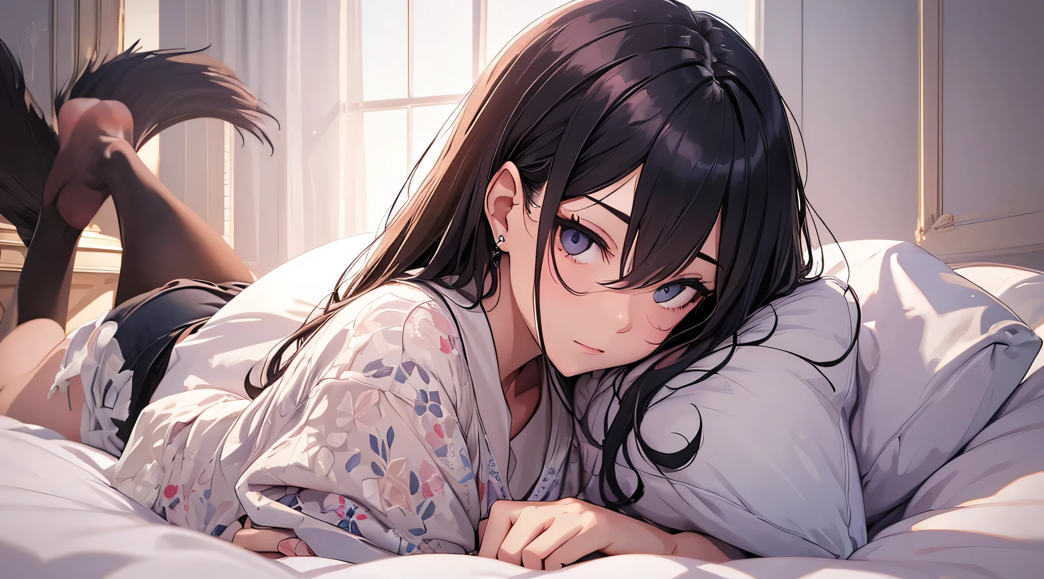 top-quality、Top image quality、masterpiece、 girl((Black pajamas、18year old、 Ager、Best Bust、big bast,Black eyes, Black hair、A slender,Large valleys、Clean and clean、床futon beddingの上で寝そべる、embarassed face、dye one's cheeks red、Whispering Pose)),hiquality、Beautiful Art、Background with((Nice and clean room.、futon bedding、animal stuffed、pink walls))masterpiece、depth of fields,Cinematic style