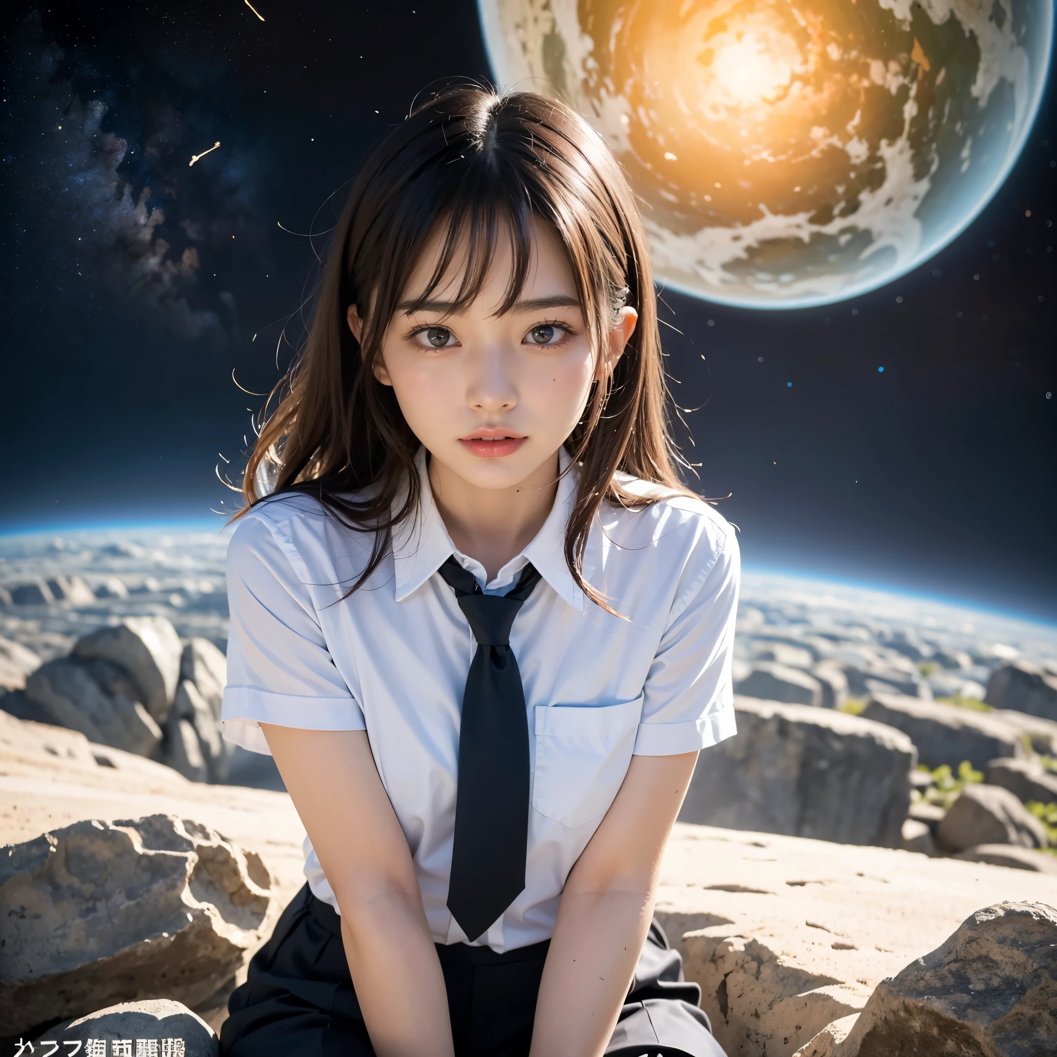 (masutepiece, Best Quality:1.2), 8K, Official art, Surprised expression、put one's hand over one's mouth、Wearing a suit、Gesture of removing tie、You can see the chest、Rough image of a girl in uniform holding a globe, official artwork, portrait anime space cadet girl, with earth, girl in space, Space High School, Space Girl, planetes, Trending on CGSTATION, 太陽系外planetes, Official art, Mar Planet, beautiful anime high school girl, sakimichan, planetesの隣に浮かぶ, in intergalactic japan、Five Fingers Photos&#39;Body of, full body Esbian、Suit Beauty、Big Dipper in the background、star explosion、A dark-hairedの美しい裸足の女性, hold a flame in your right hand、tie a tie with your right hand、Turn your face up、looking-down、cool expression、明るい溶岩の光が小planetes帯の下から壊れた地球の上に昇る(Jagged rock rocks and fragments shot into the air:1.3) (Storm of windy dust debris:1.1) Volume fogmist by trace Z、It can allow bright light from below to pass through、 (​masterpiece) (top-quality) (detaileds) (8K) (电影灯光) (foco nítido) (Convoluted)A dark-haired、14years、small tits、A delightful、A smile、unbelievable Ridiculous, (a beauty girl, Pretty Face, arching back down, Gold hair ornament on hair、wearing a suits、close up, Wearing a suit, Short sleeve, gardenia, violaceaess, spaces , Looking at Viewer, Film grain, chromatic abberation, オッパイfoco nítido, face lights, Dynamic lighting, Cinematic lighting, detailedsな目と顔, (Gray tie、1 copy:1.2)