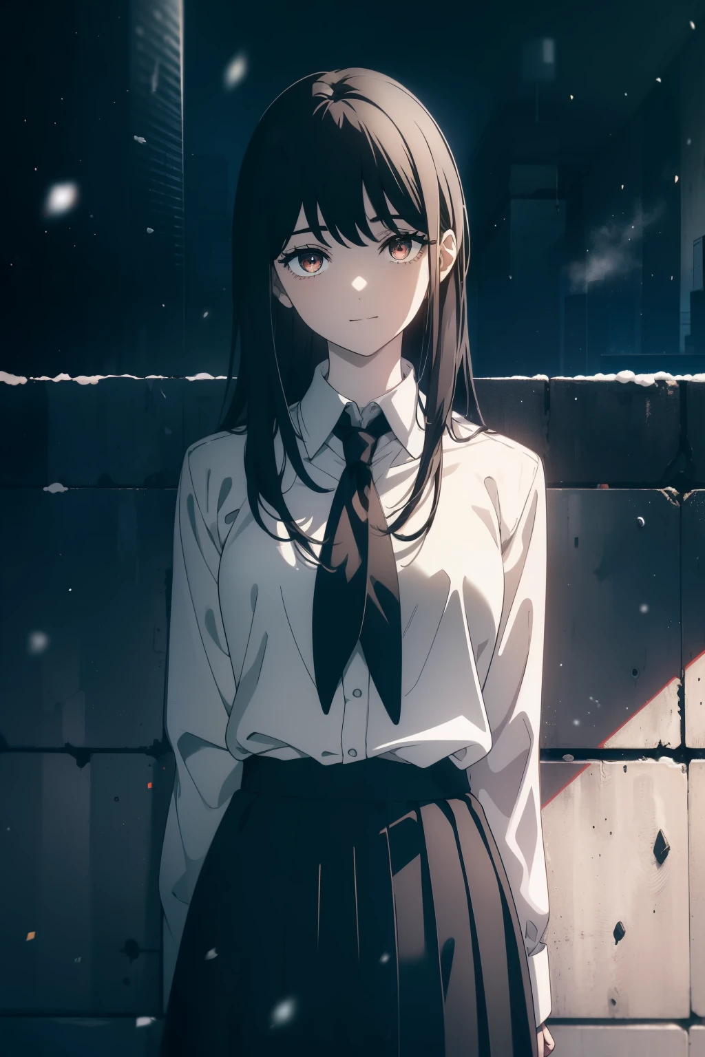 (Obra maestra, La mejor calidad, ultrahigh resolution), 1girl, standing, school uniform, white office shirt, black pleated skirt, (((black hair, dark black hair))), (long hair), pale skin, ((brown eyes)), glowing_eyes, neon eyes, (ultra detailed eyes:0.7, beautiful and detailed face, detailed eyes:0.9), ((centered)), smile, facing viewer, eye level, ((vibrant background, snowy landscape, cityscape, snowing, snow)), flat chested, looking at viewer, ((half closed eyes)), ((perfect hands)), (((head:1, arms, hips, elbows, in view))), ((hands behind back)), empty eyes, beautiful lighting, outside, outdoors, background, defined subject, 25 years old, (head tilt)