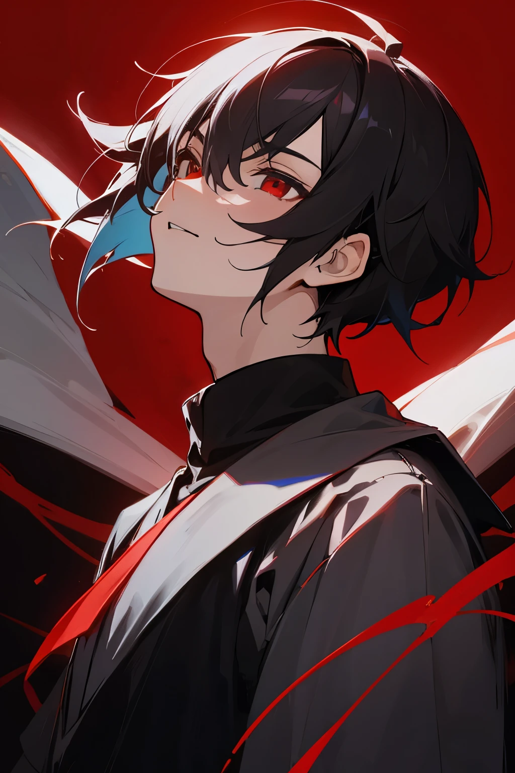 Cartoon cute boy, yandere male, Charming, Handsome，, red eye,fashion hair，short detailed hair，Playful expression，Side face avatar，Black color hair，red background horror