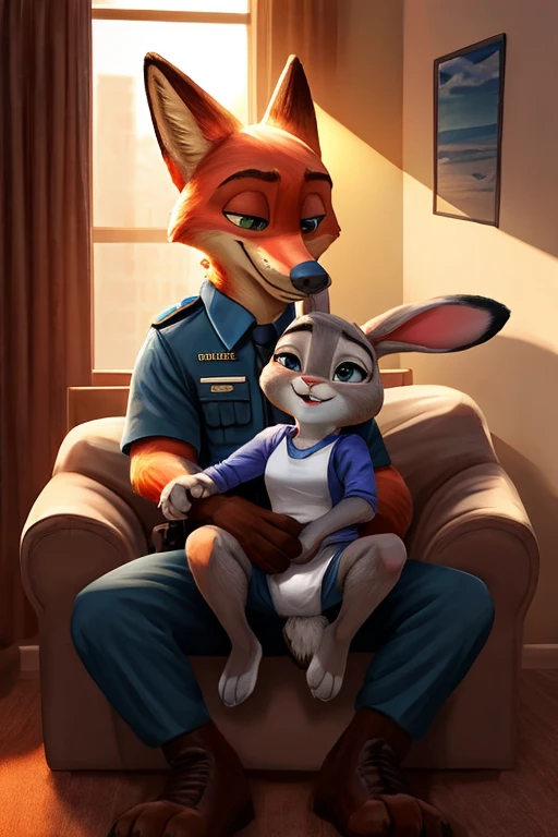 couple, nick wilde and judy hopps, male and female, both cop clothes, size difference, small body, bunny ears, holding on lap, hugs, photo, smile, full body, realistic, best shadows, natural lights, room, raw hdr