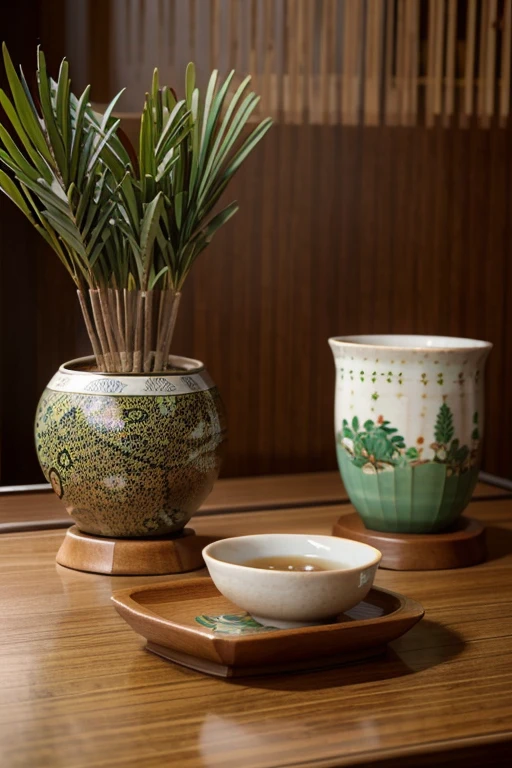 estilo ukiyo，Muitas ondas，1 brown radium bowl，（With pattern），1 tea tree，In a radio bowl，1 tea stick，3 mulheres，Sift the tea leaves，Legumes cortados，cooky，1 tigela，（Fundo），Tea，grou，smog，Tree Points，3 montanhas，1 placa，2 casas，China-style，Aquarelas，Linha，impressionista
