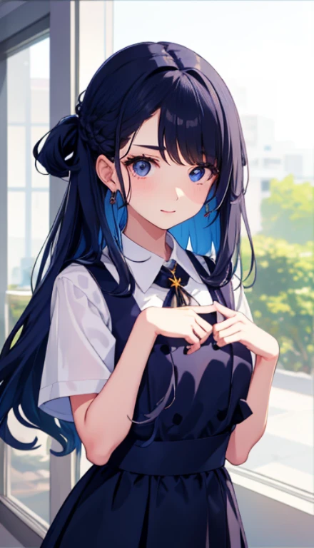 1girl em、COMO-、um sorriso、A camisa、saia pelo、(Seios pequenos)、Doress、Pinafore、hair decoration、(fantasia de empregada)Retrato da parte superior do corpo、cabelos loiros brancos、