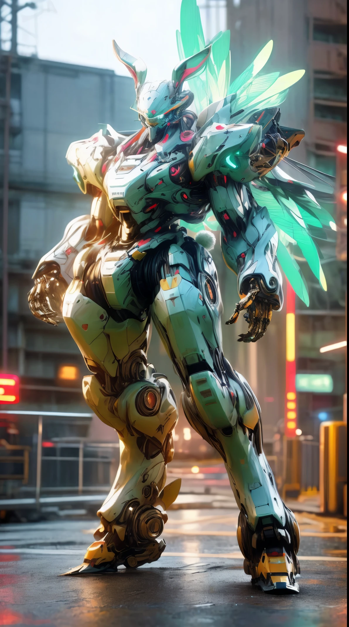 (wide wide shot)，(Best quality,A high resolution,Masterpiece:1.2),(Realistic,Photorealistic,photo-realistic:1.37),[(The futuristic cyborg has huge wings)],(Rabbit earechanical joints and limbootwear),Metallic。nigth,(Facing the lens，Central symmetry)，standing on your feet，No man's street。Vibrant colors,Light trails and neon lights in the background,Science fiction art style.