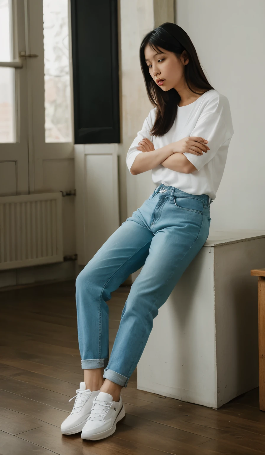 Asian woman leaning on table,Slender,white shirt,denim pant,black sneaker shoes,inside in room,