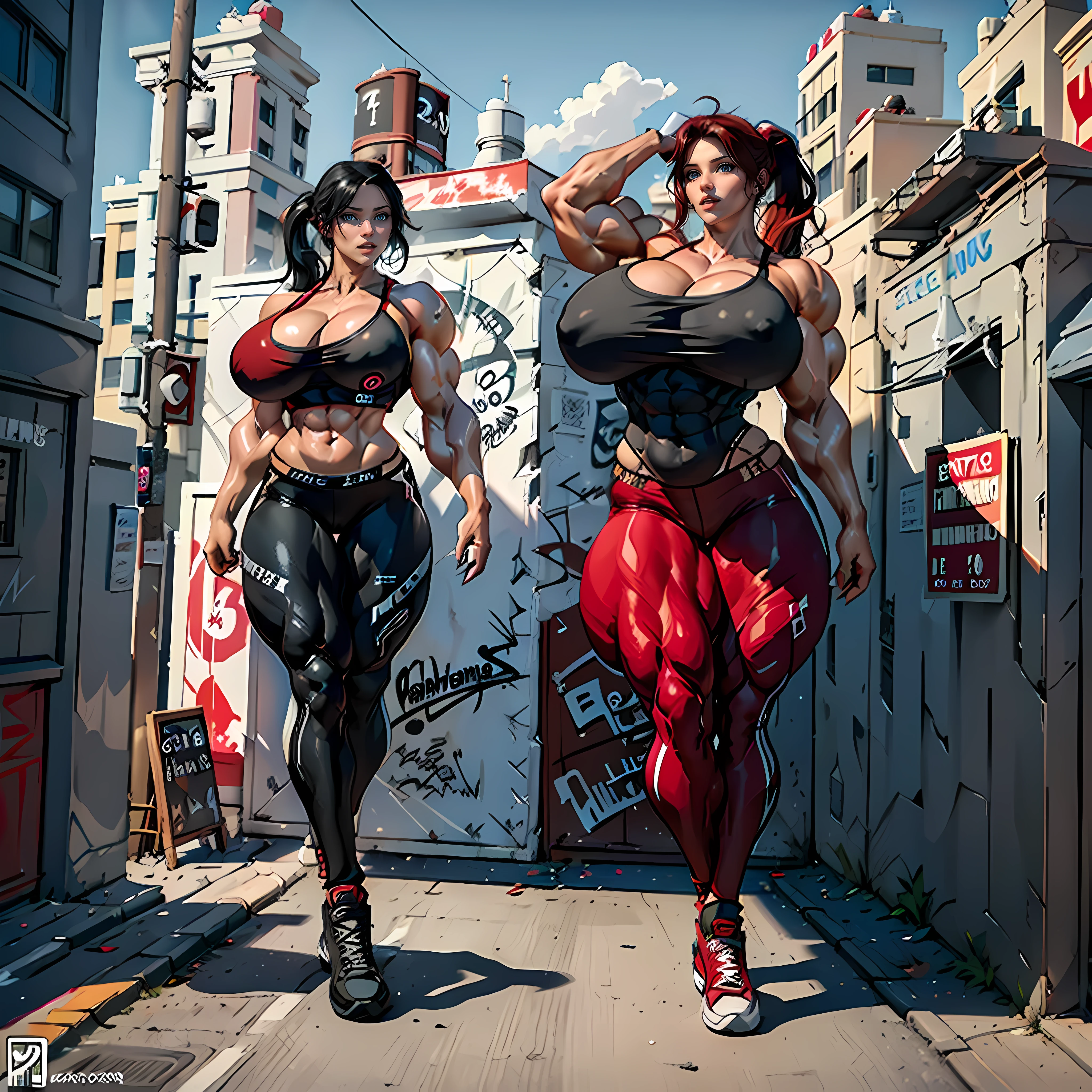 Kathryn Winnick, very tall, extremely long legs, black yoga pants with a red stripe, massive breasts, implants, red corset top, long black hair in a ponytail, red highlight in ponytail, shocked look on her face, converse shoes, street corner, [colorful graffiti background], (masterpiece, 8k, ultra realistic, UHD, best quality:1.2), (((huge muscles)))