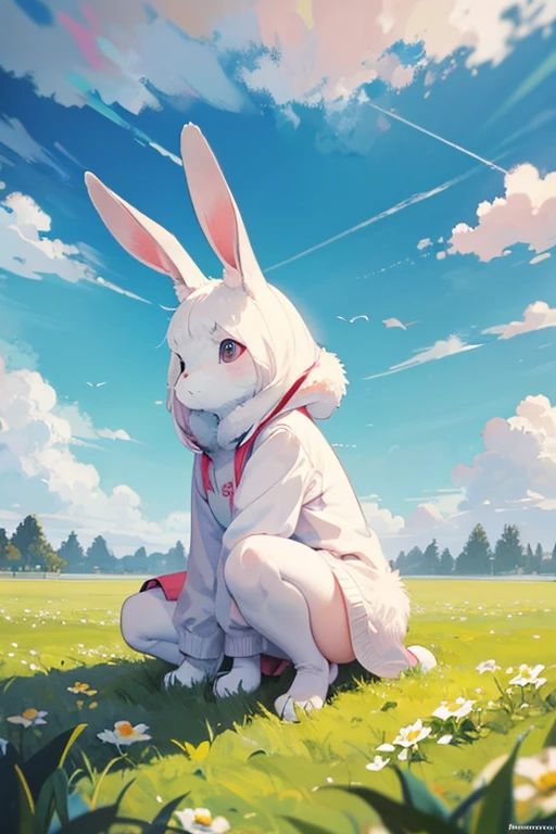 sad looking rabbit that looks hopeful about life, looking ahead of its path and fields