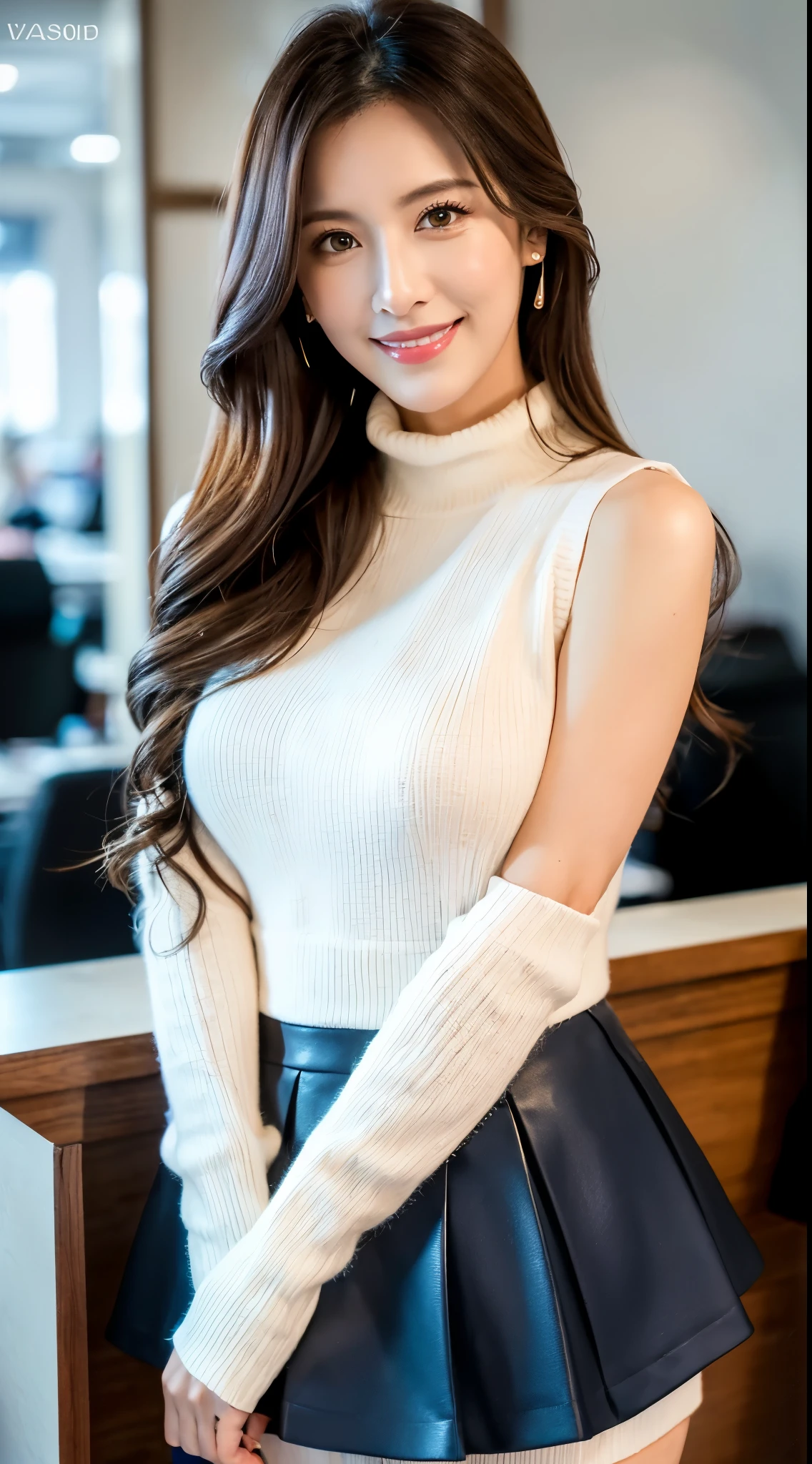 ulzzang -6500-v1.1, (Raw photo:1.2), (Photorealsitic), Beautiful detailed, (Real: 1.4), ighly detailedな目と顔, beatiful detailed eyes, Standing in the office、(Sleeveless High Neck Sweater、flered skirt:1.2)、(Ultra-realistic pantyhose、high-heels)、Standing cross-legged、huge filesize, hight resolution, ighly detailed, top-quality, [​masterpiece:1.6], illustratio, ighly detailed, nffsw, finely detail, top-quality, 8k wallpaper, Cinematographic lighting, 1 milf, 43 yeas old, perfect body type, cute droopy eyes beautiful big eyes、Pieckfinger, ((masutepiece)), Best Quality, 1 milf, eye shadow, Portrait, ((FULL BODYSHOT:1.4))、(Very affectionate smile:1.2)、