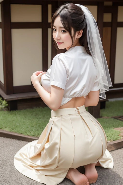 Taking off wedding dress japanes cute little with round face femele modeled 30-years old tits out T-back pants s ass Skirt flipping Panchira